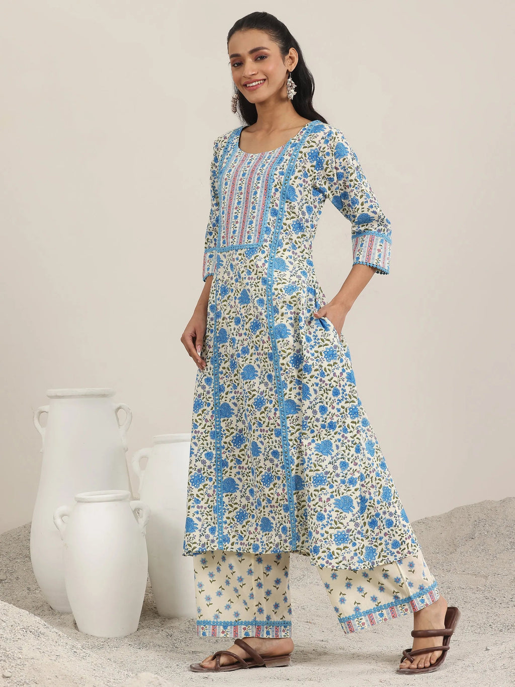 Off White Printed Cotton A-Line Kurta Set