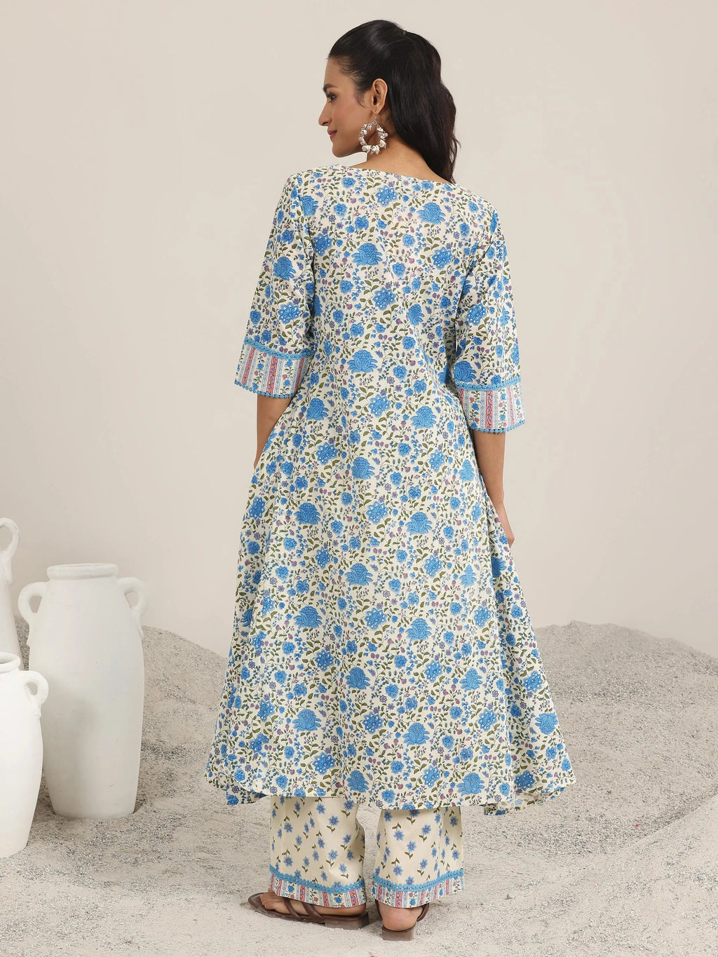 Off White Printed Cotton A-Line Kurta Set