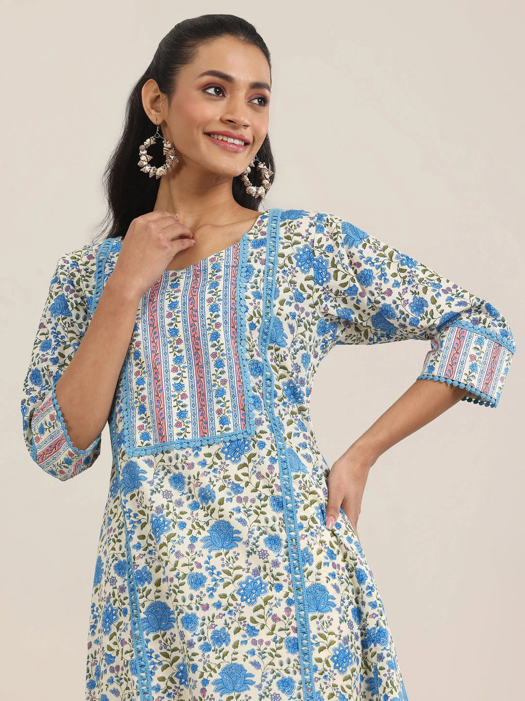 Off White Printed Cotton A-Line Kurta Set
