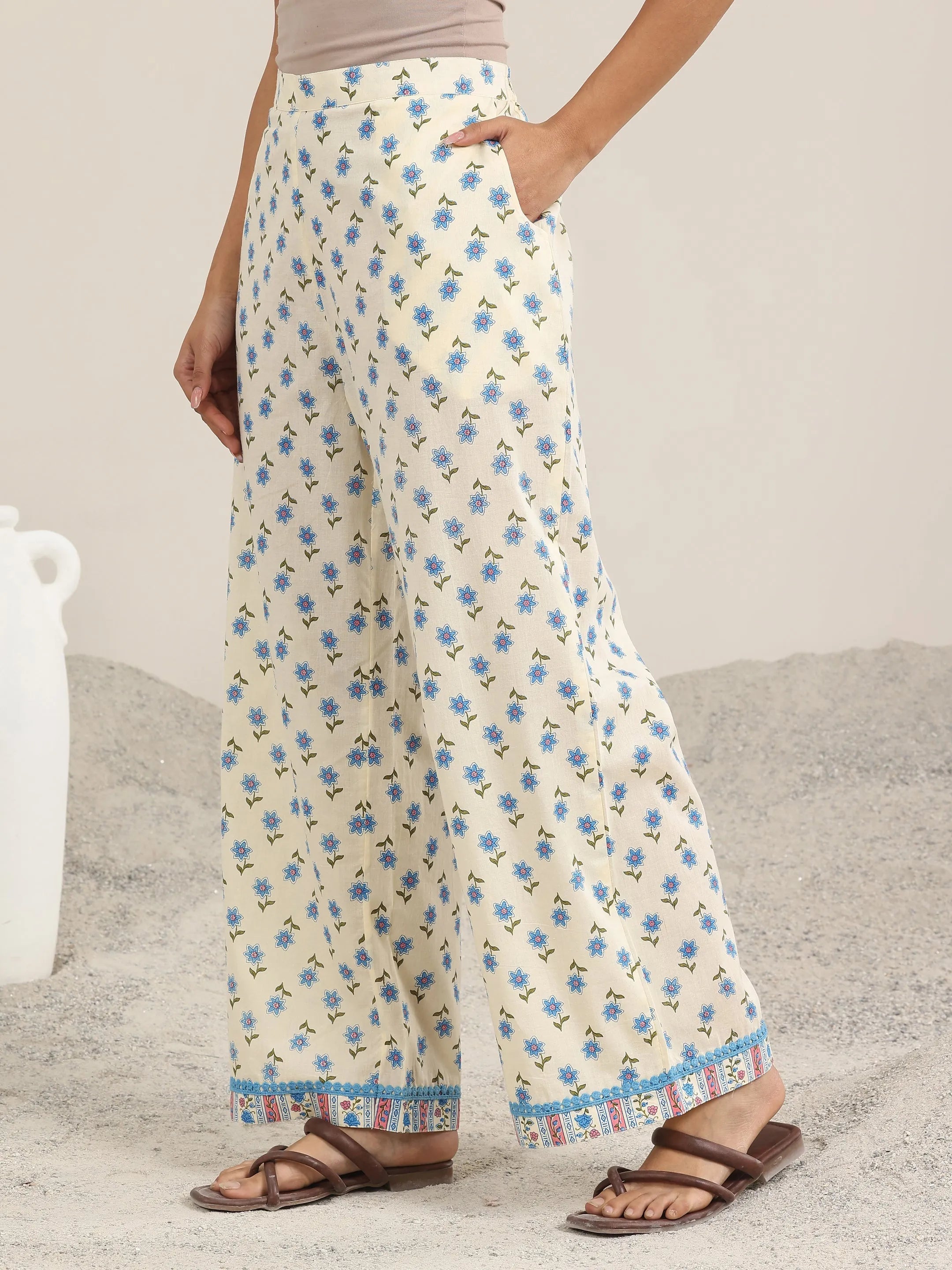 Off White Printed Cotton A-Line Kurta Set