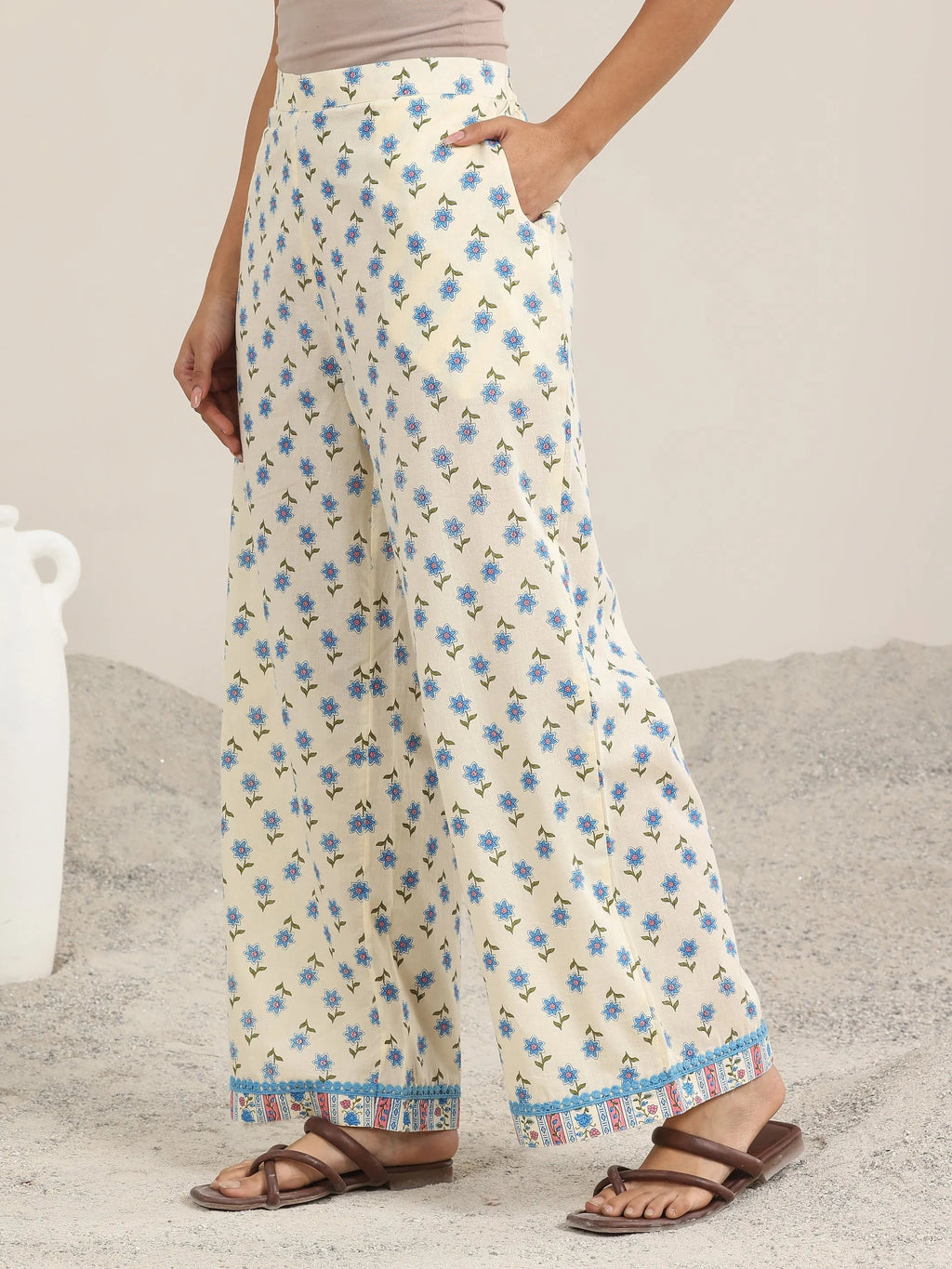 Off White Printed Cotton A-Line Kurta Set