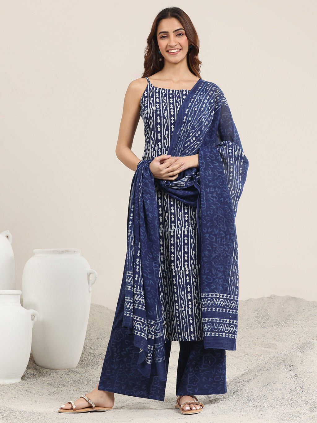 Indigo Printed Cotton Straight Suit With Dupatta