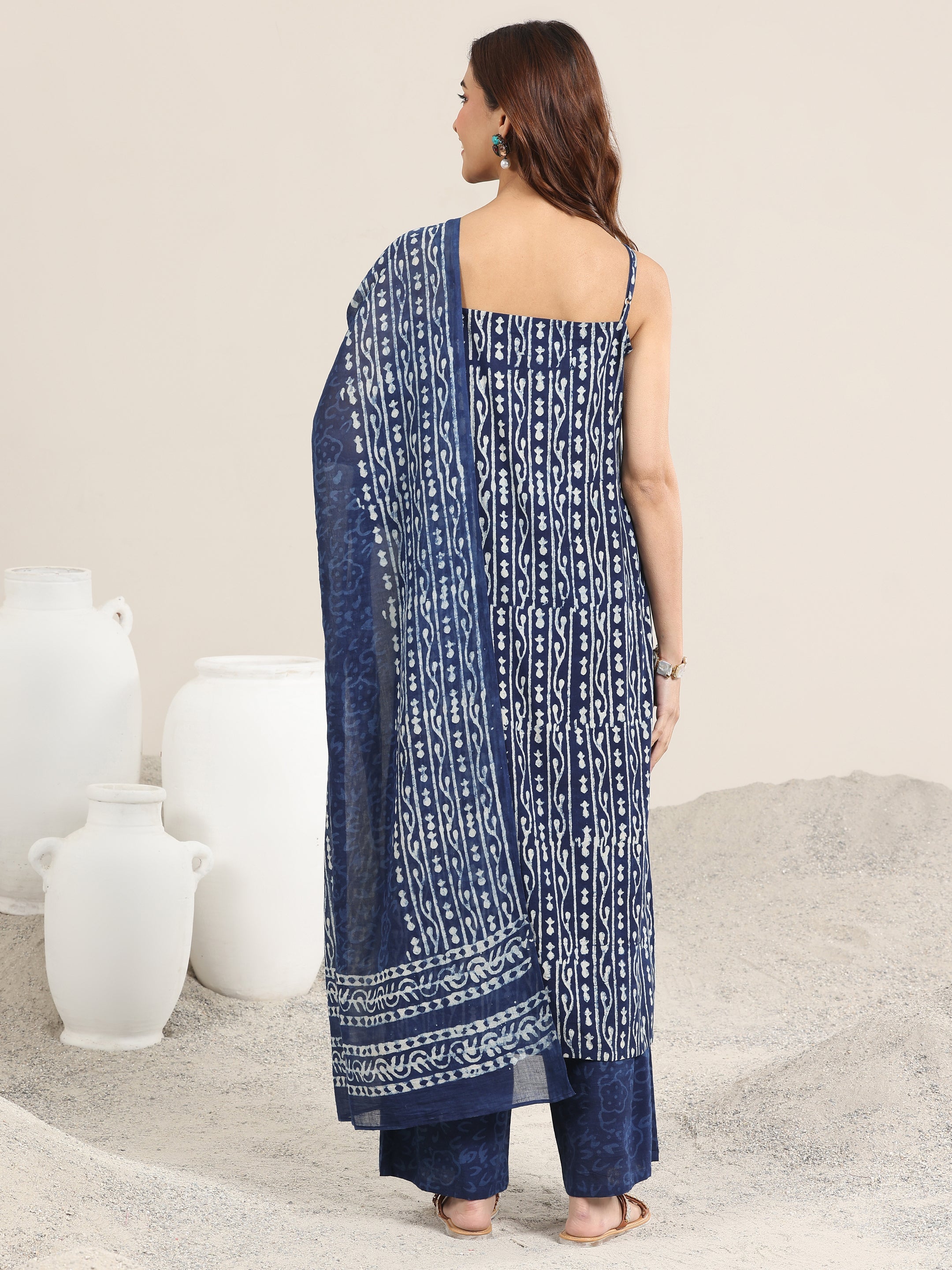 Indigo Printed Cotton Straight Suit With Dupatta