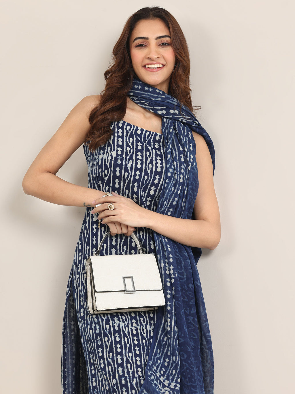 Indigo Printed Cotton Straight Suit With Dupatta