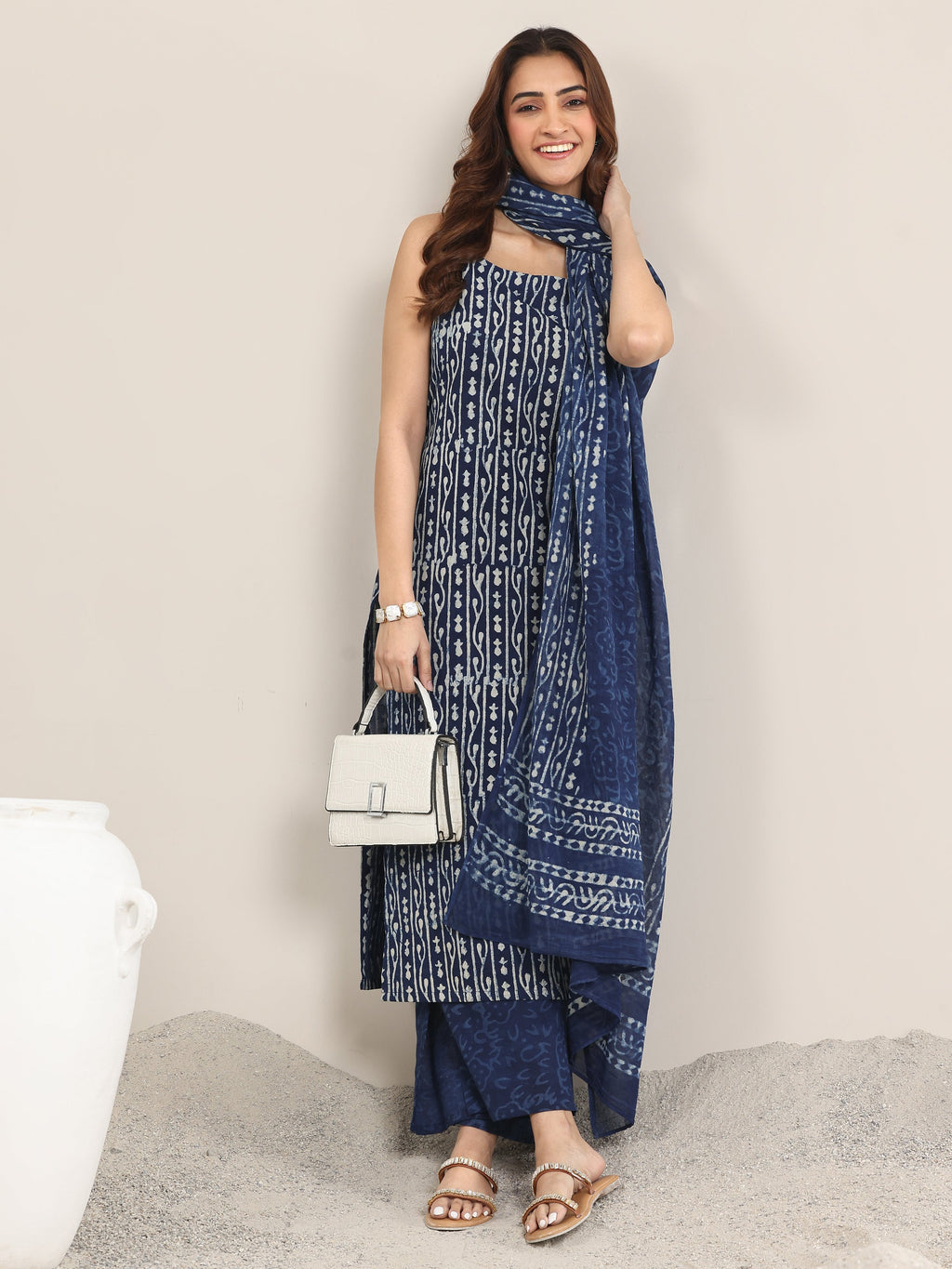 Indigo Printed Cotton Straight Suit With Dupatta