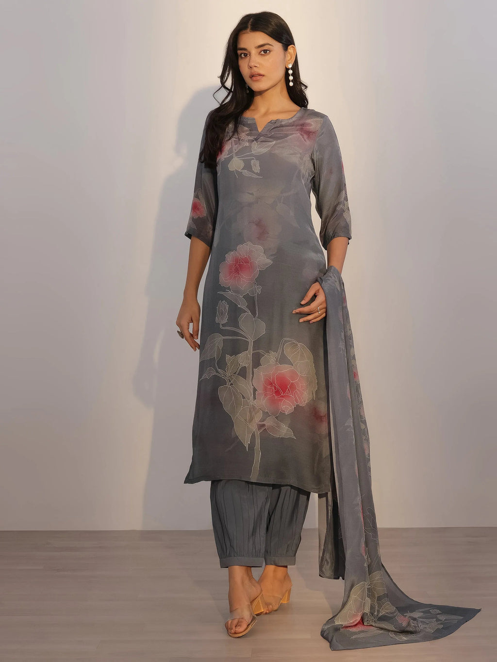 Grey Printed Silk Blend Straight Suit With Dupatta
