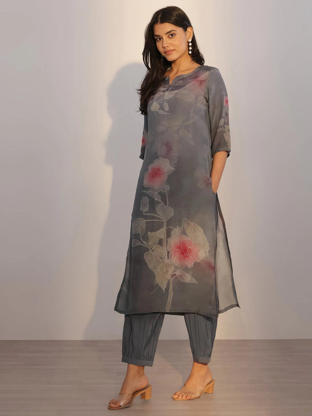 Grey Printed Silk Blend Straight Suit With Dupatta