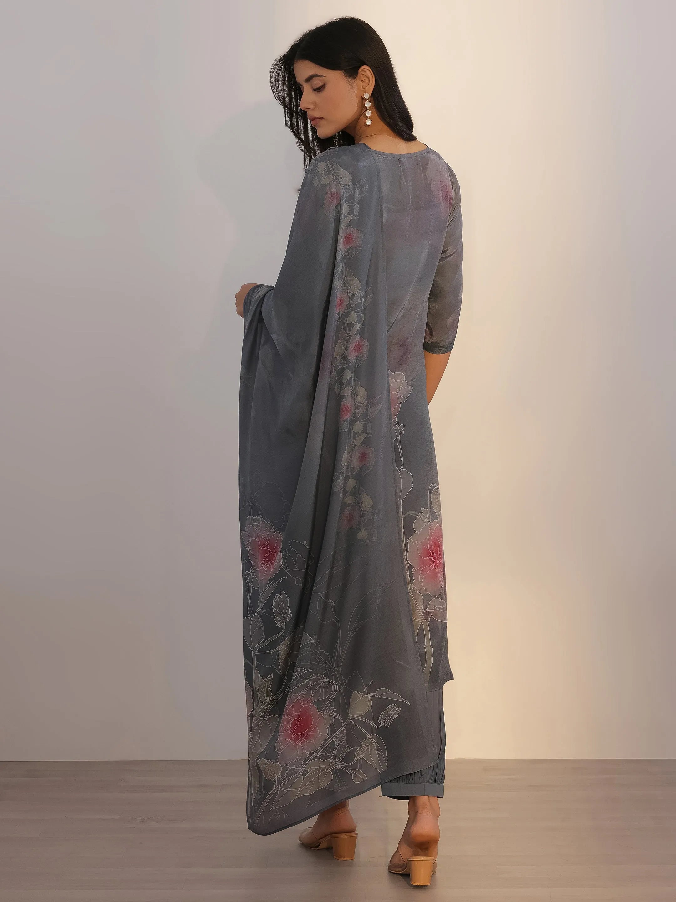 Grey Printed Silk Blend Straight Suit With Dupatta
