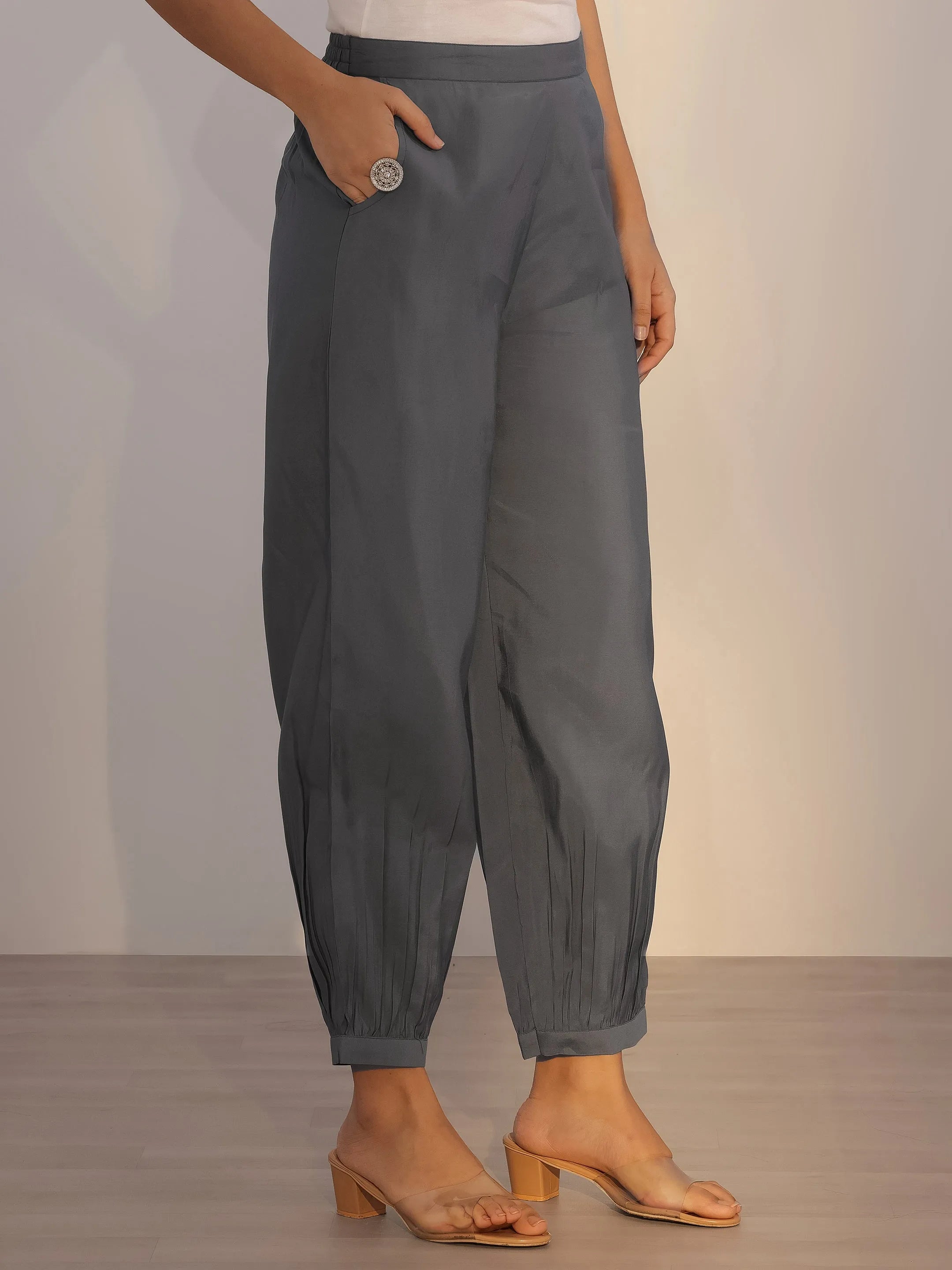 Grey Printed Silk Blend Straight Suit With Dupatta