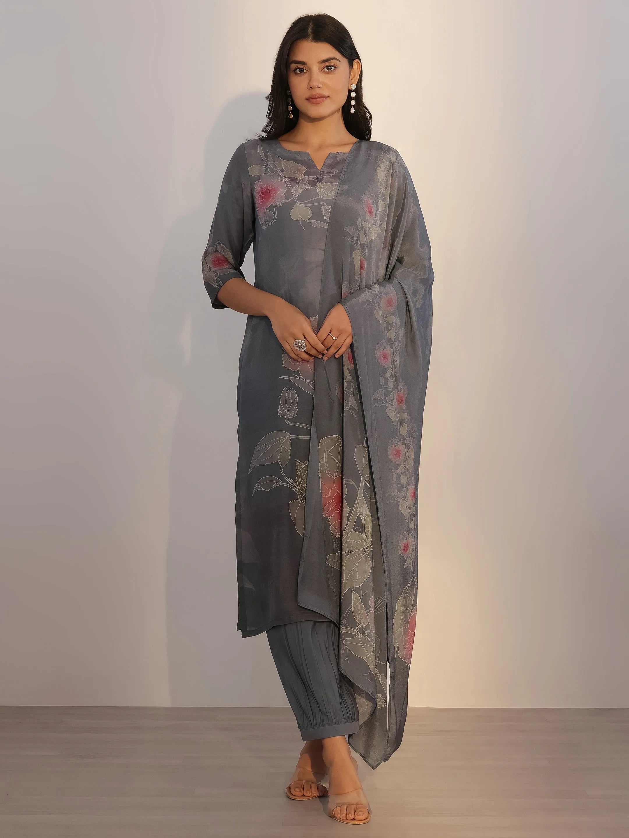 Grey Printed Silk Blend Straight Suit With Dupatta