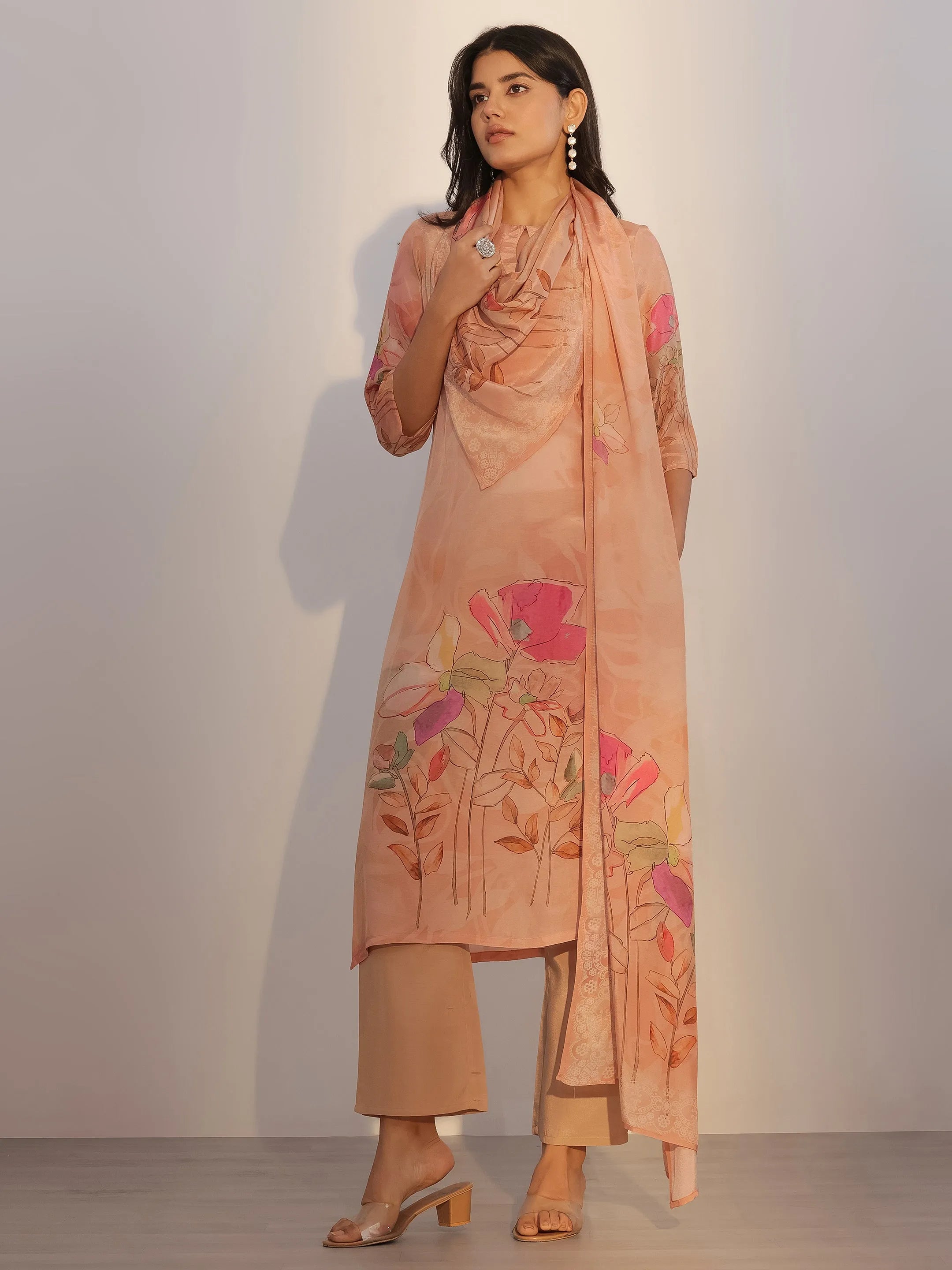 Peach Printed Silk Blend Straight Suit With Dupatta