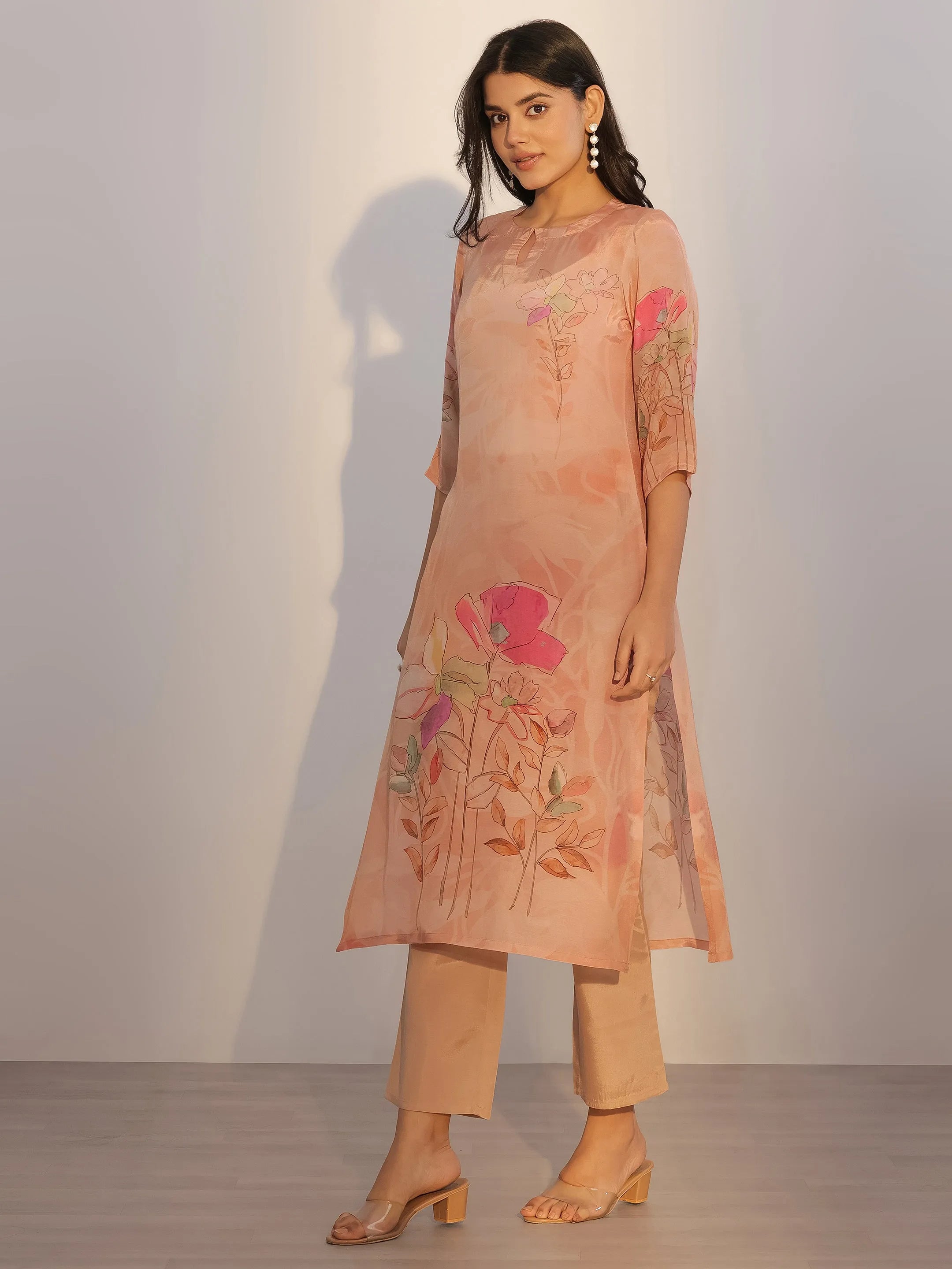 Peach Printed Silk Blend Straight Suit With Dupatta
