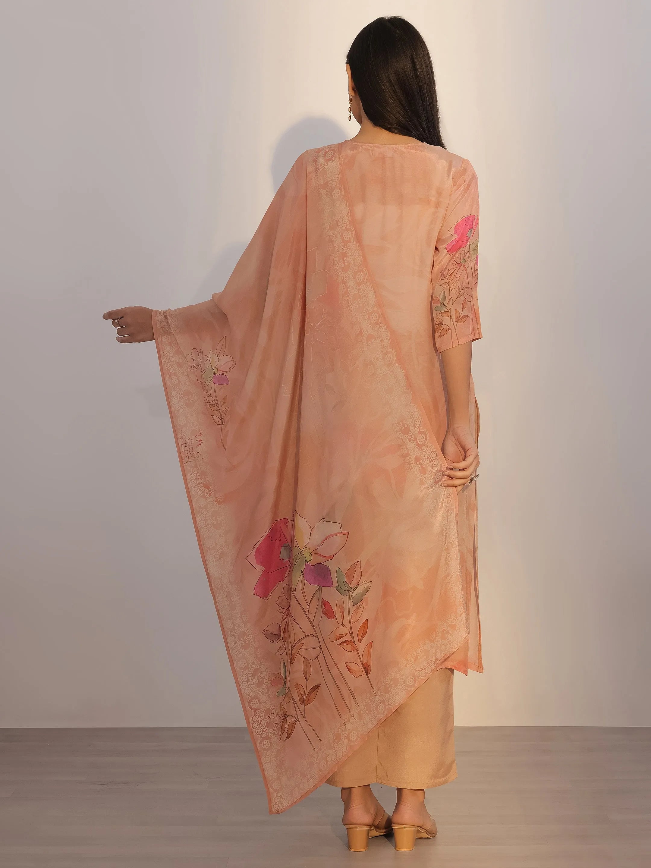 Peach Printed Silk Blend Straight Suit With Dupatta