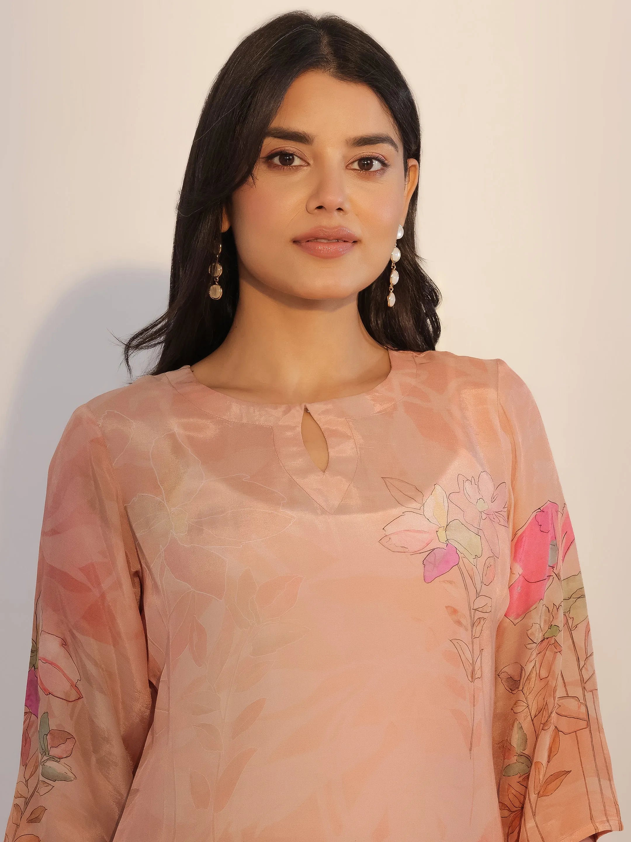 Peach Printed Silk Blend Straight Suit With Dupatta