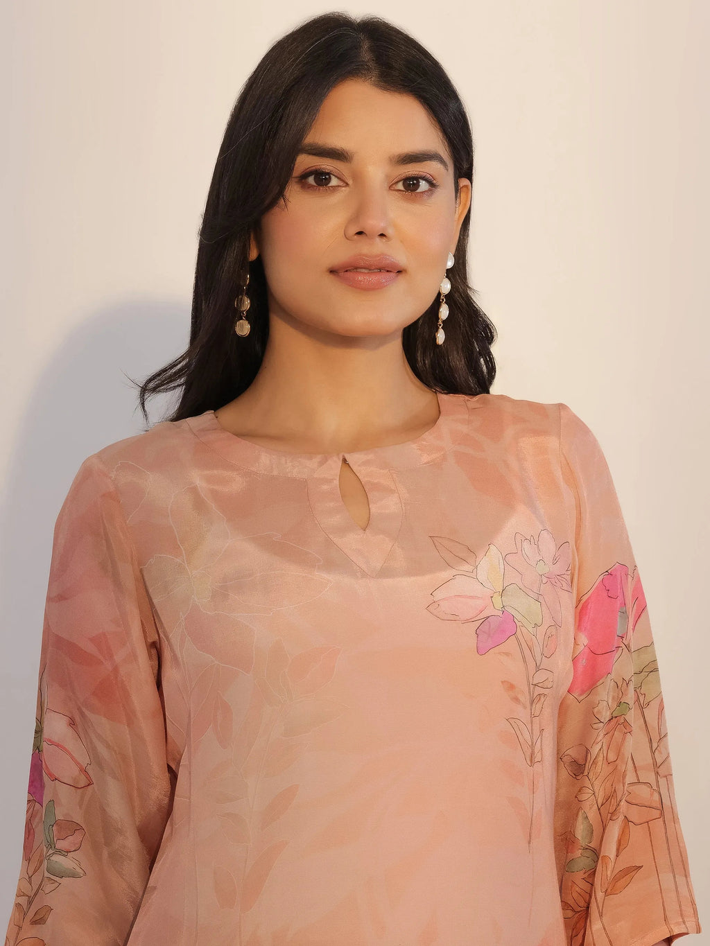 Peach Printed Silk Blend Straight Suit With Dupatta