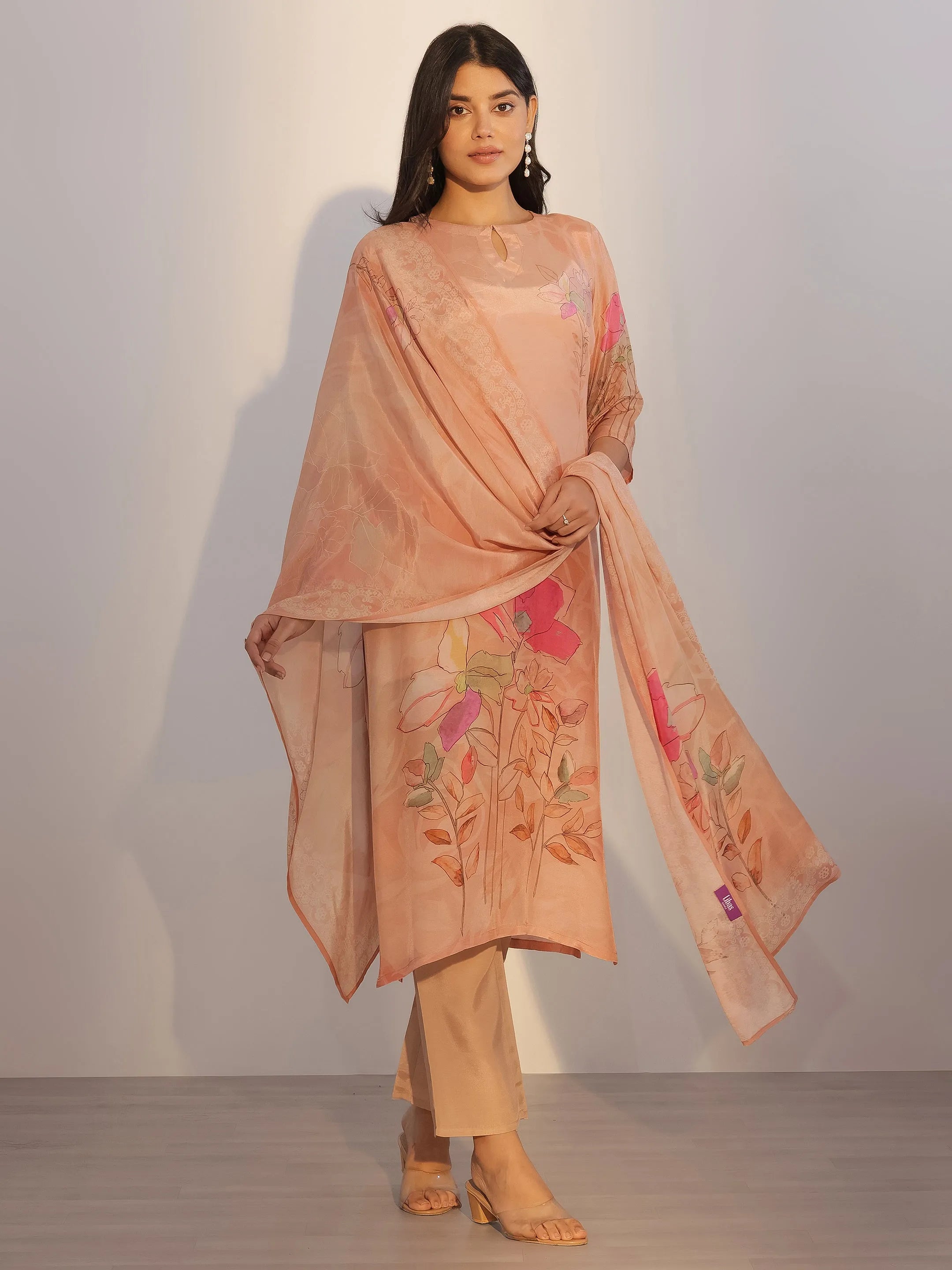 Peach Printed Silk Blend Straight Suit With Dupatta