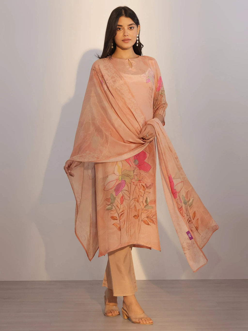 Peach Printed Silk Blend Straight Suit With Dupatta