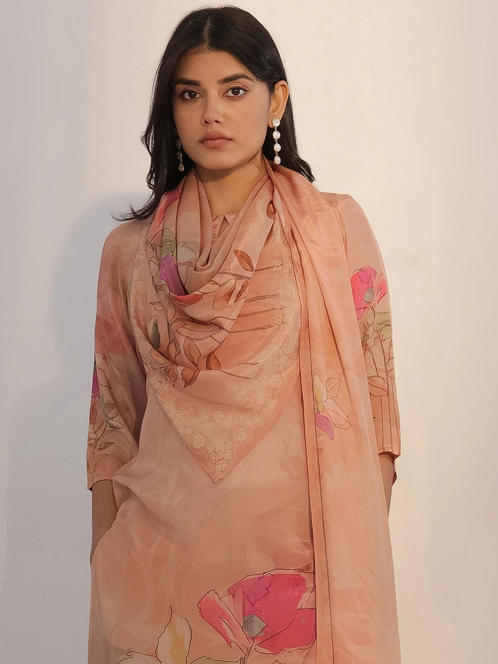 Peach Printed Silk Blend Straight Suit With Dupatta