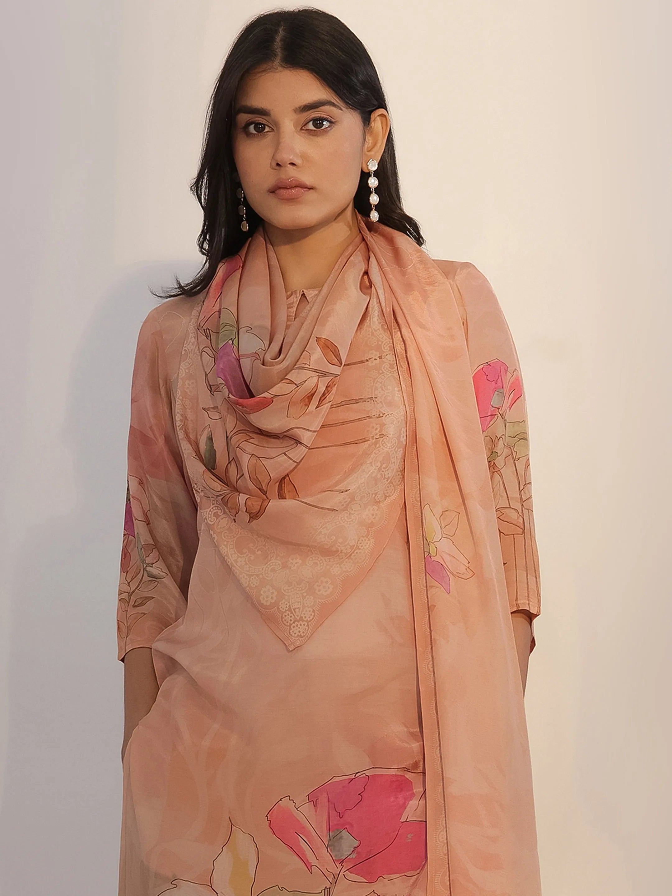 Peach Printed Silk Blend Straight Suit With Dupatta
