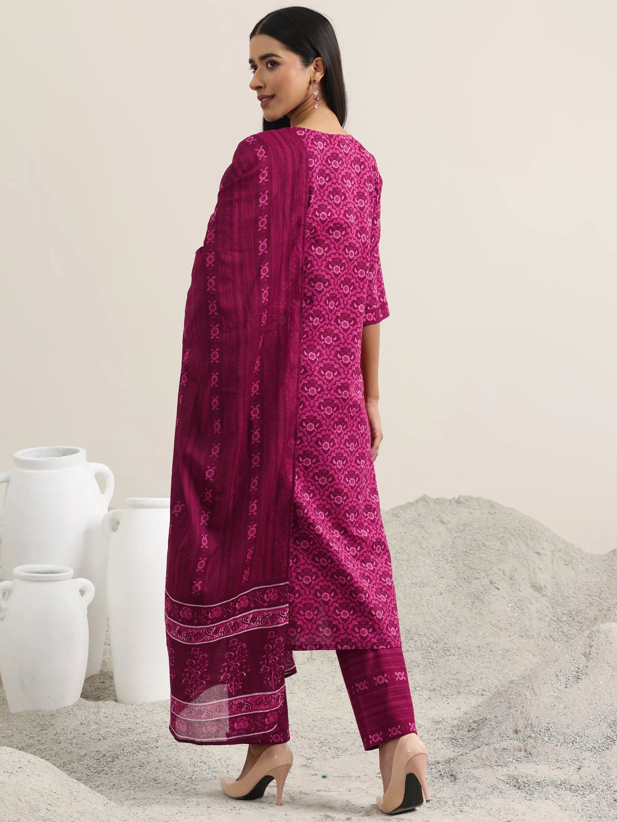 Burgundy Printed Cotton Straight Suit With Dupatta
