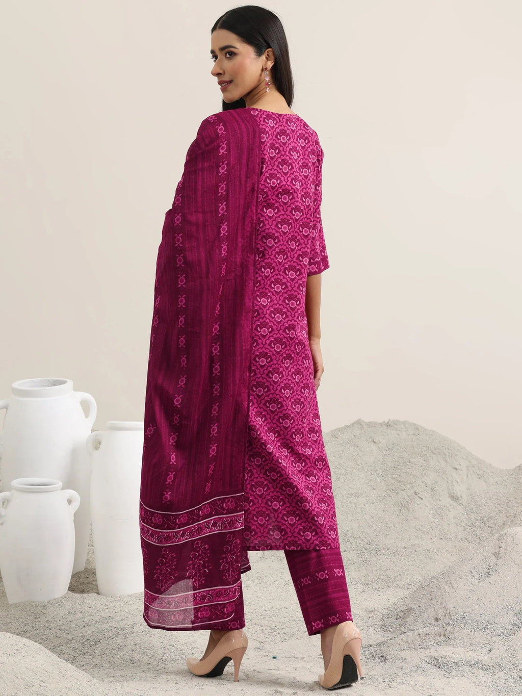 Burgundy Printed Cotton Straight Suit With Dupatta