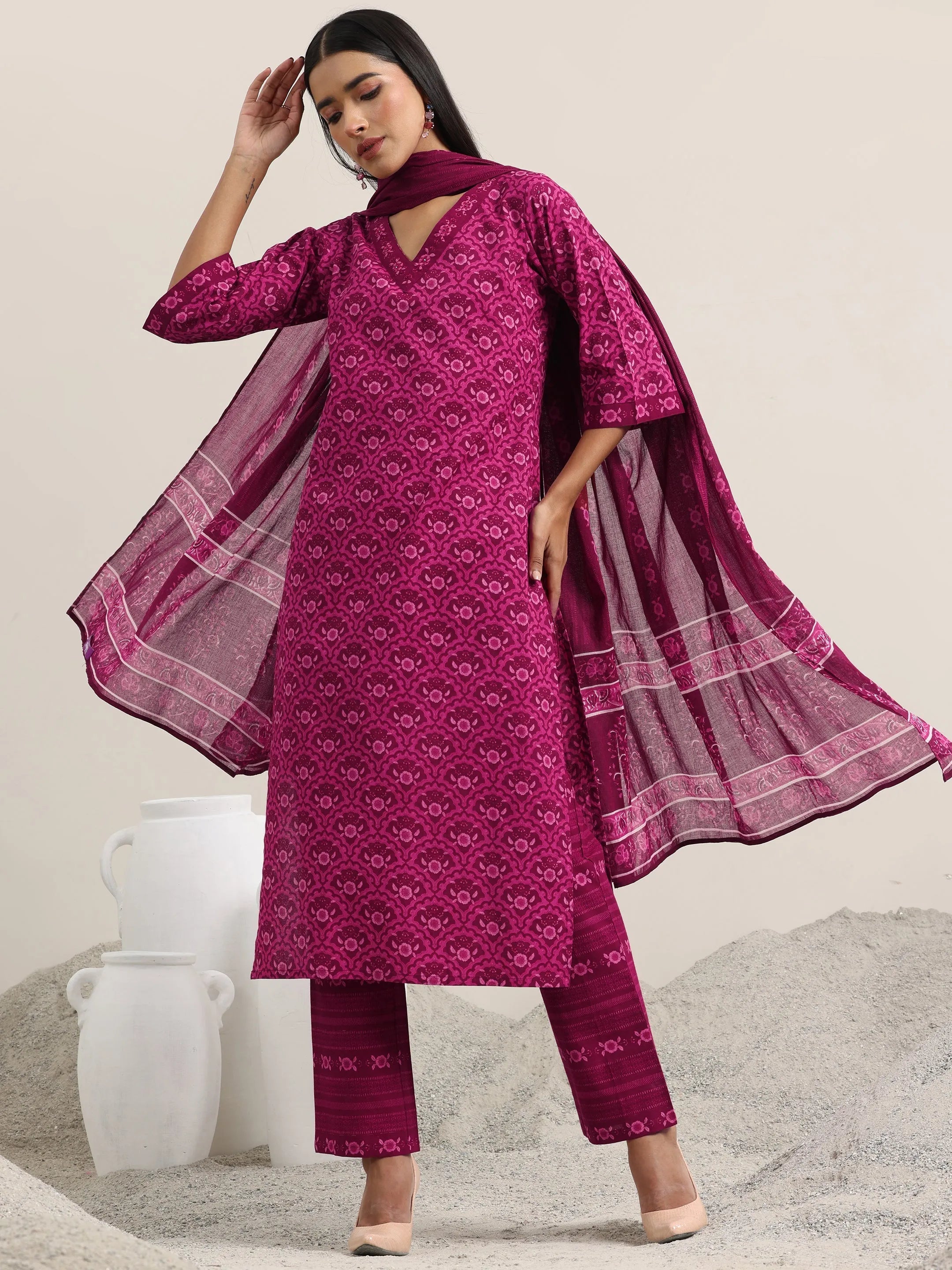 Burgundy Printed Cotton Straight Suit With Dupatta