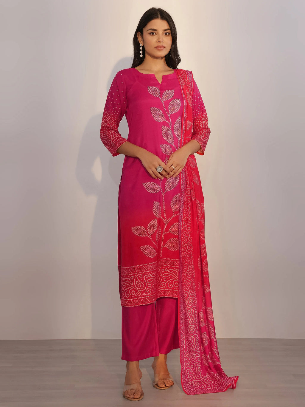 Pink Printed Silk Blend Straight Suit With Dupatta