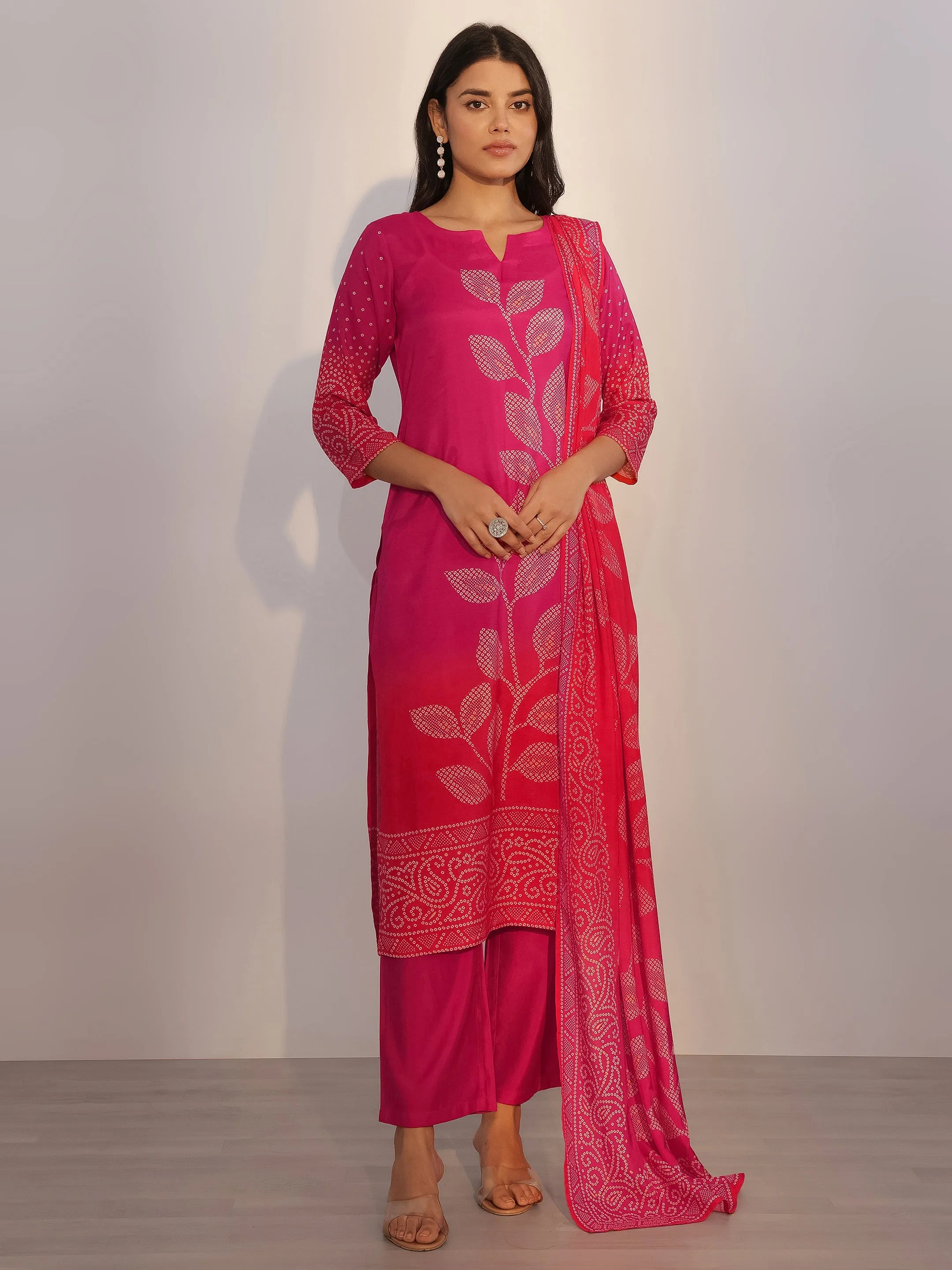 Pink Printed Silk Blend Straight Suit With Dupatta