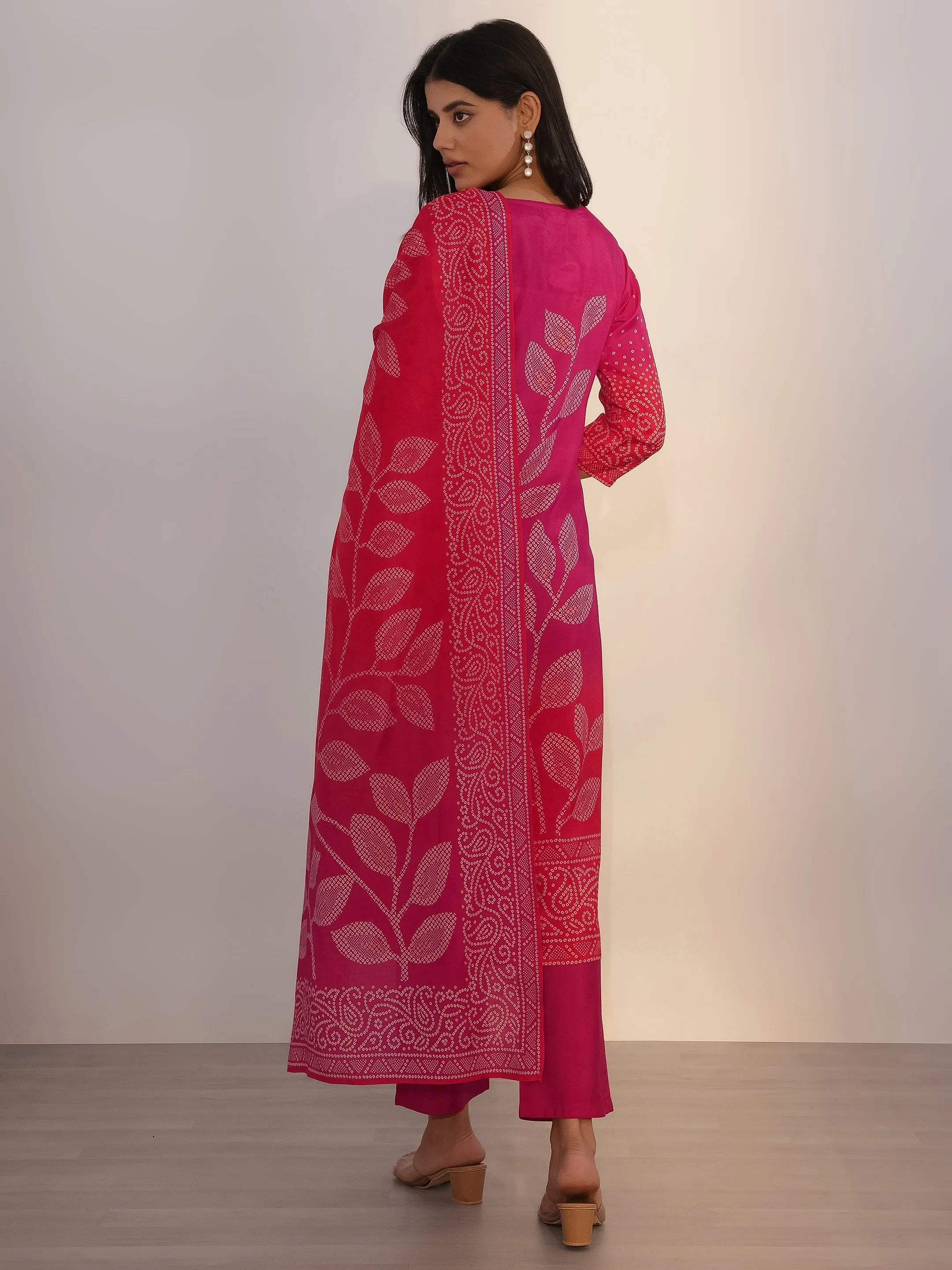 Pink Printed Silk Blend Straight Suit With Dupatta
