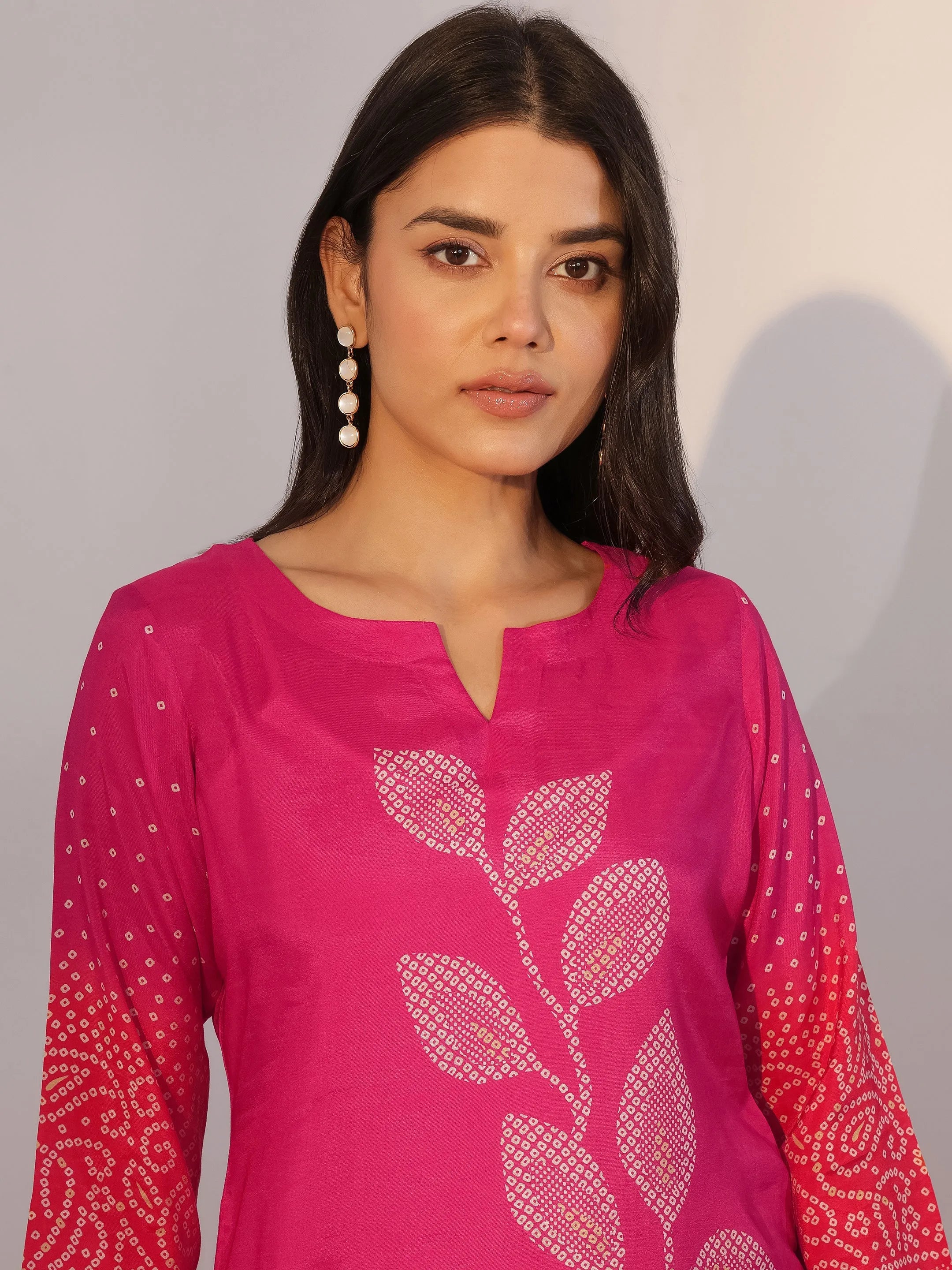 Pink Printed Silk Blend Straight Suit With Dupatta