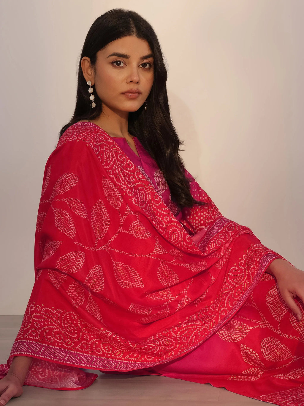 Pink Printed Silk Blend Straight Suit With Dupatta