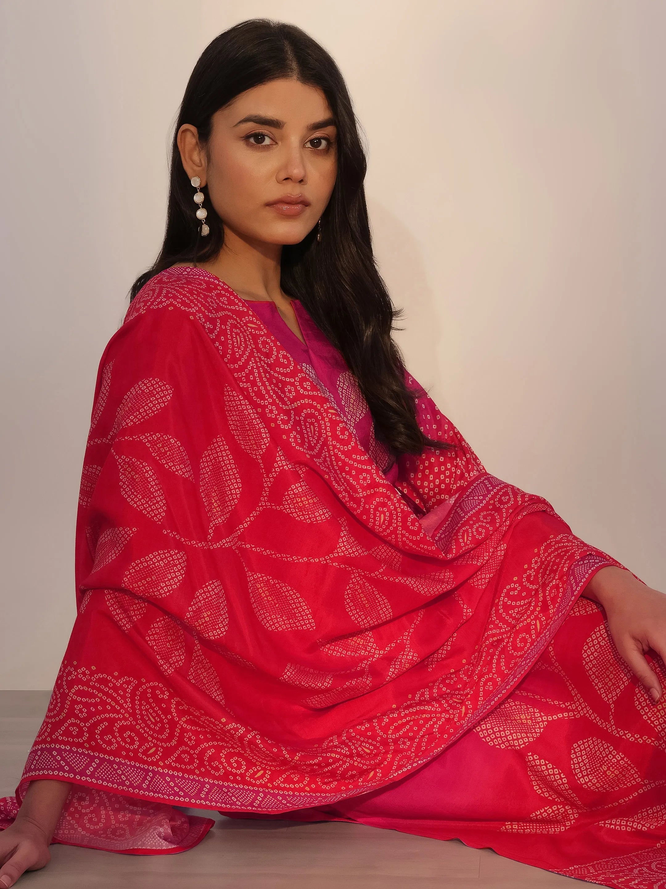 Pink Printed Silk Blend Straight Suit With Dupatta