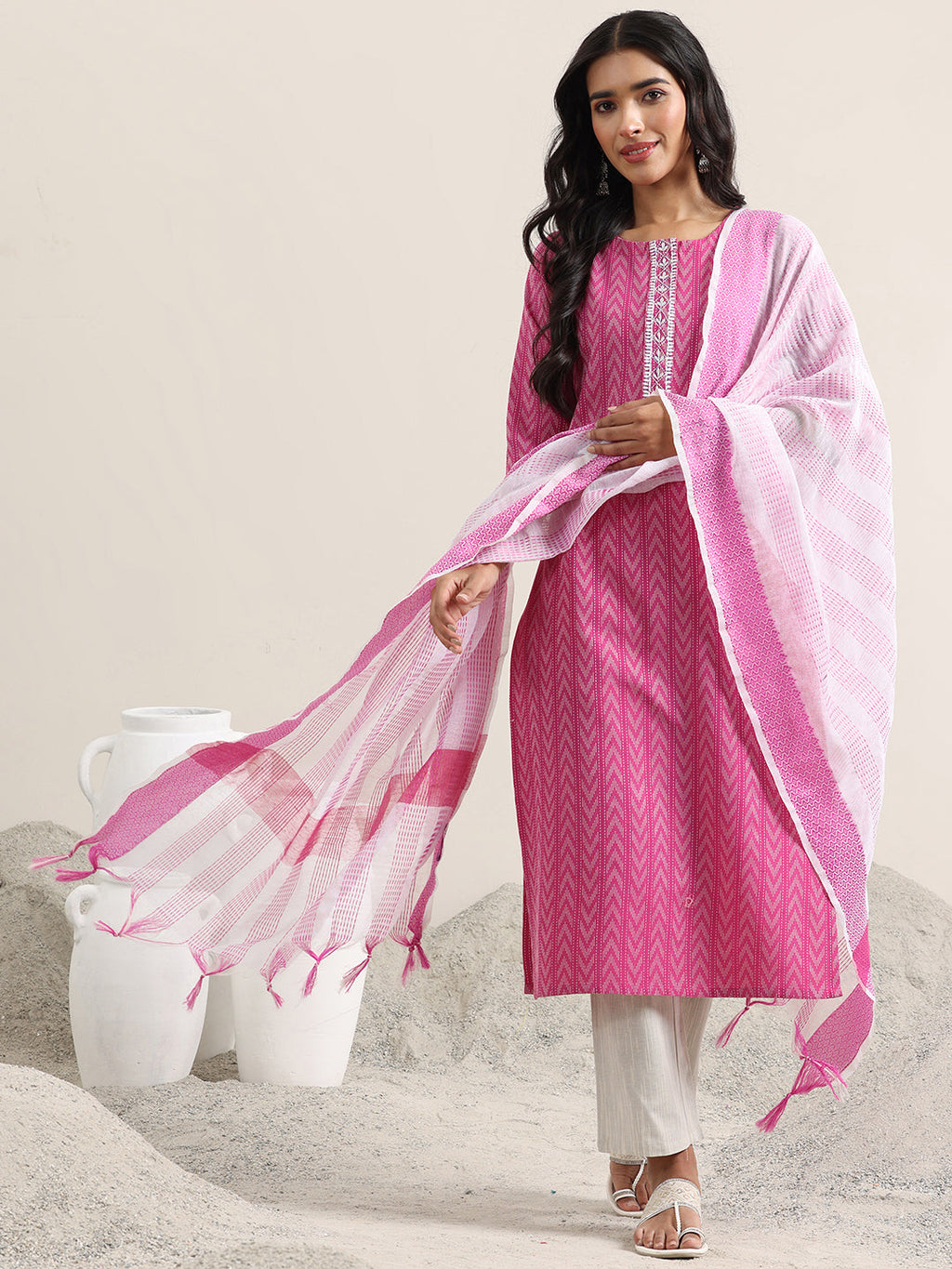 Pink Woven Design Cotton Straight Suit With Dupatta