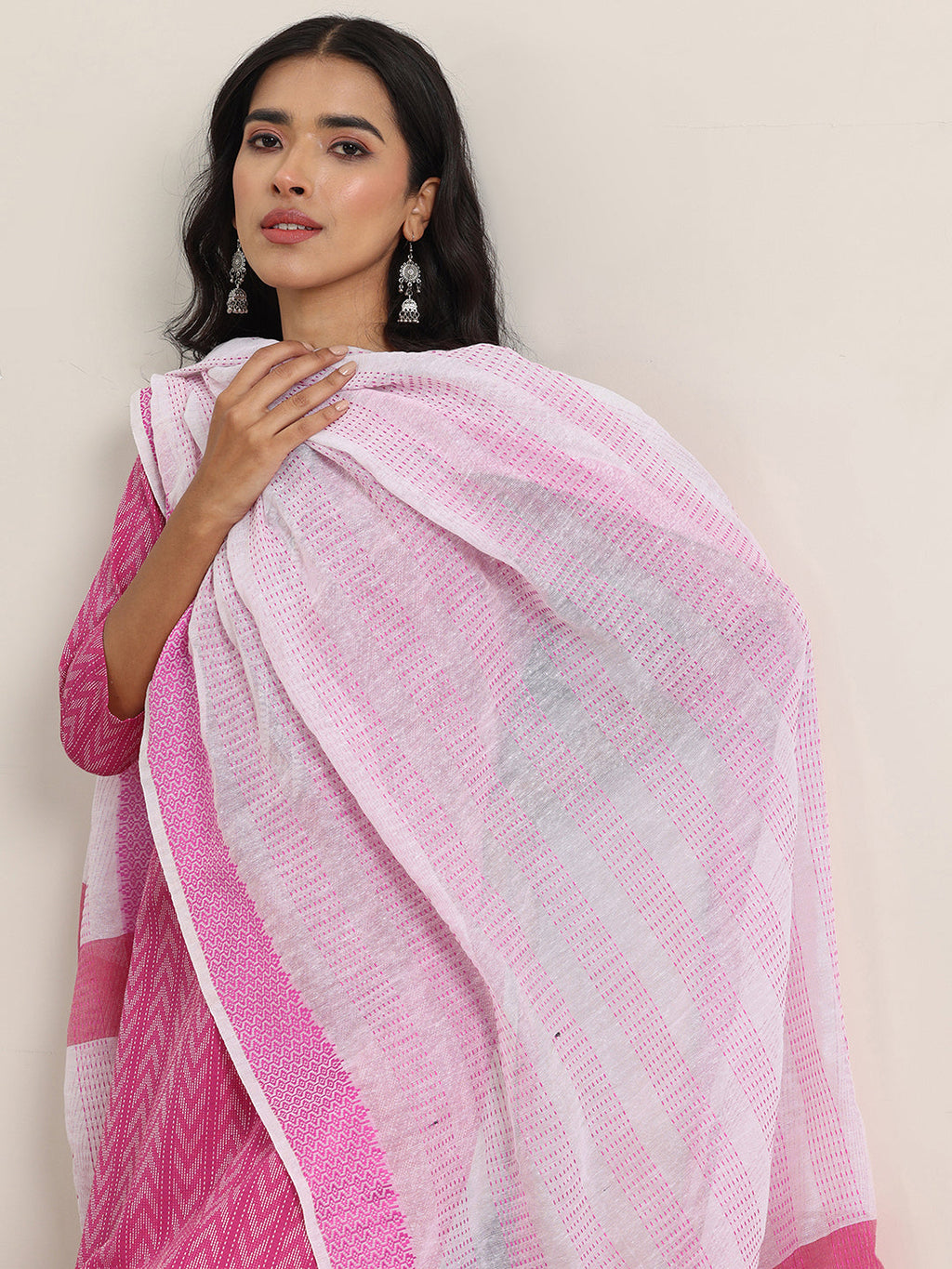 Pink Woven Design Cotton Straight Suit With Dupatta