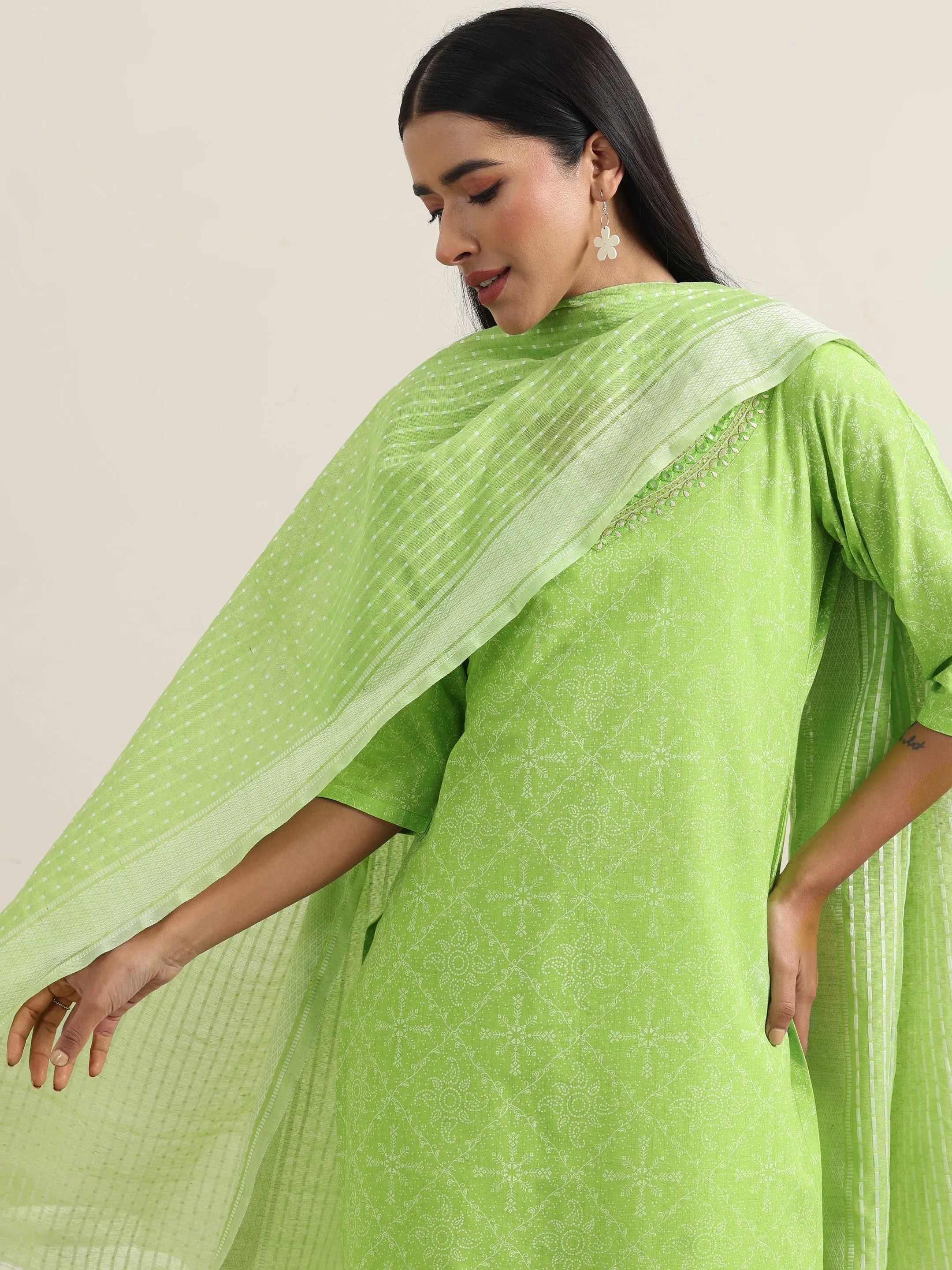 Green Printed Cotton Straight Suit With Dupatta