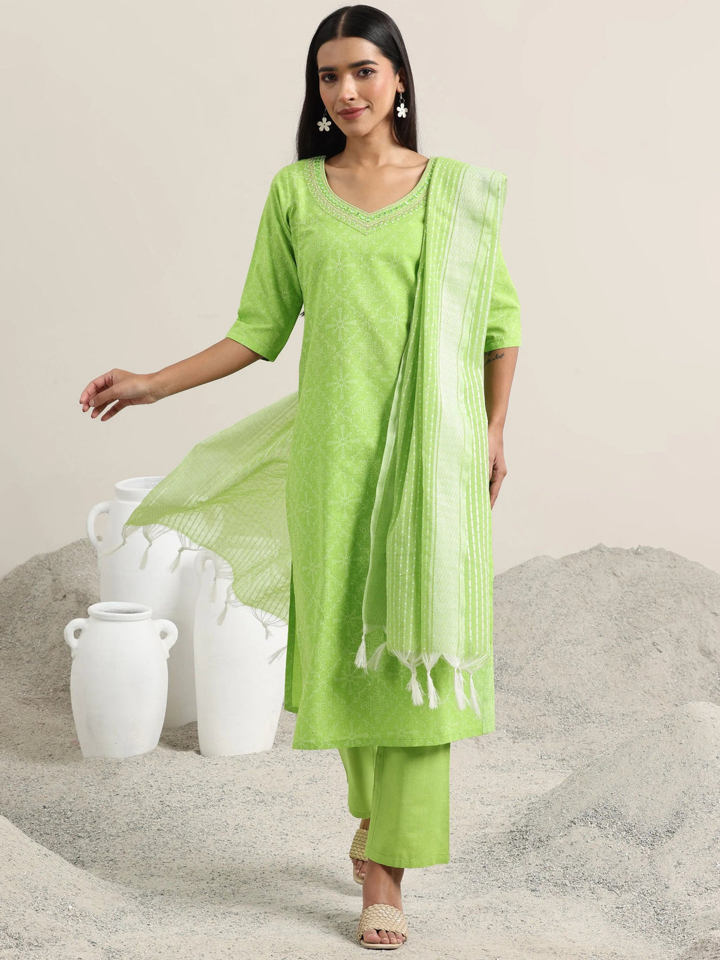 Green Printed Cotton Straight Suit With Dupatta