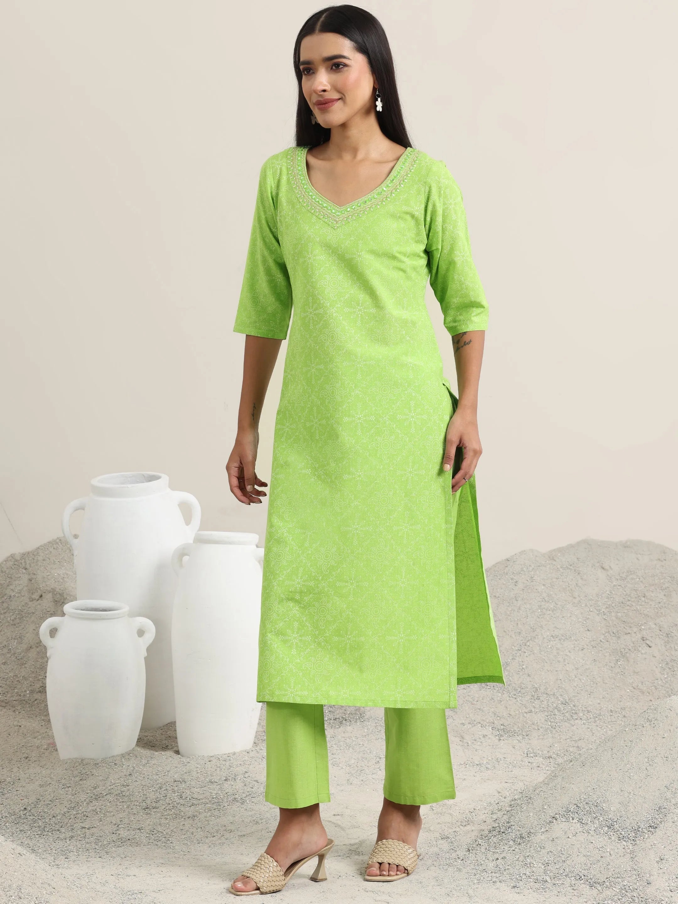 Green Printed Cotton Straight Suit With Dupatta