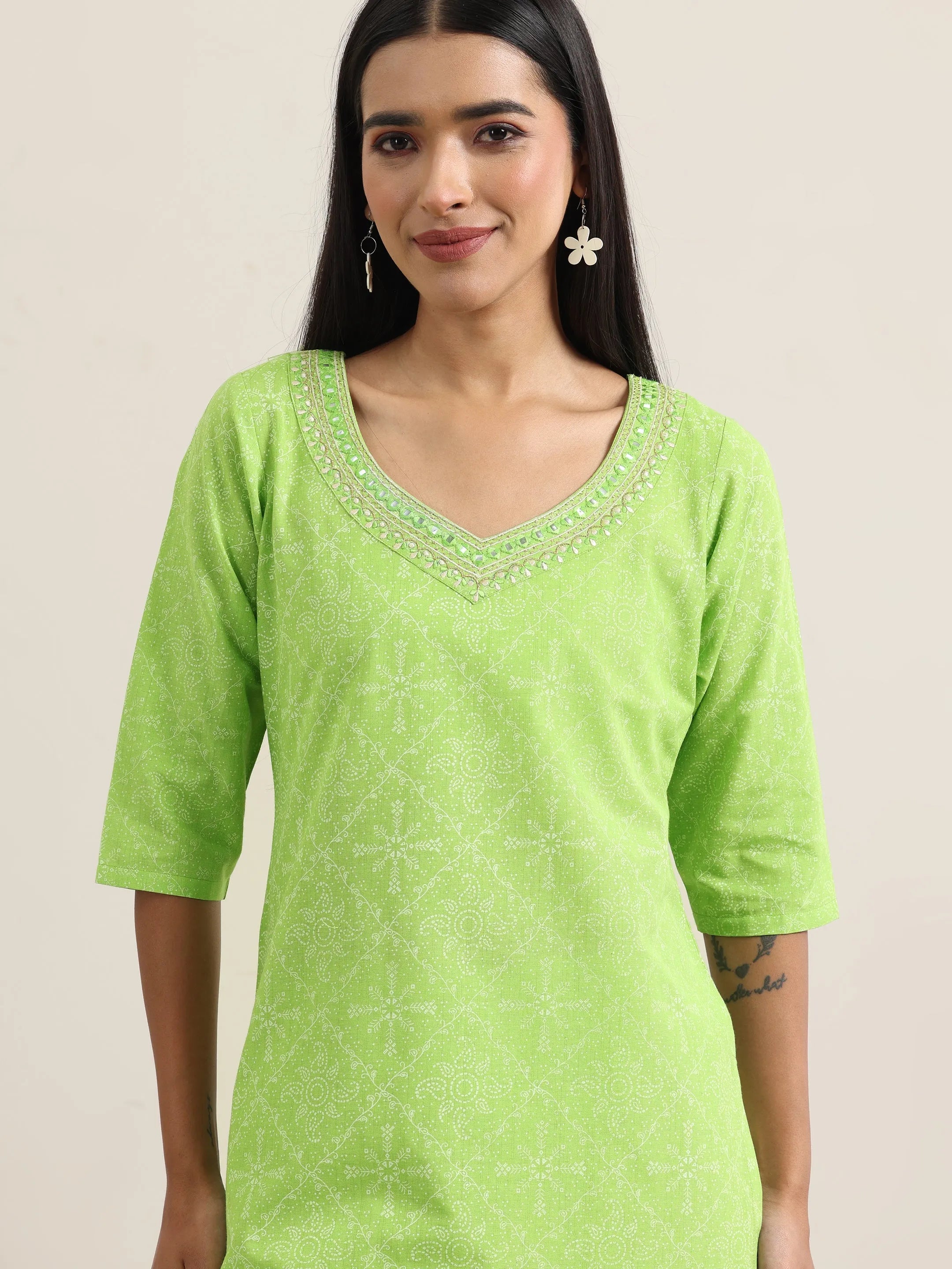 Green Printed Cotton Straight Suit With Dupatta