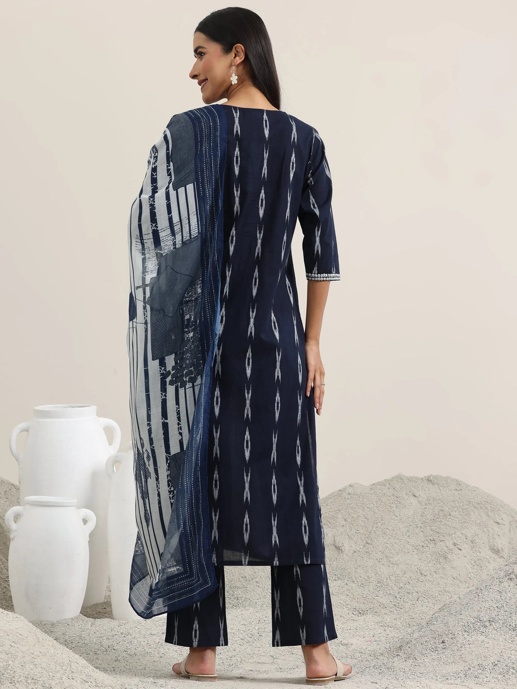 Blue Woven Design Cotton Straight Suit With Dupatta