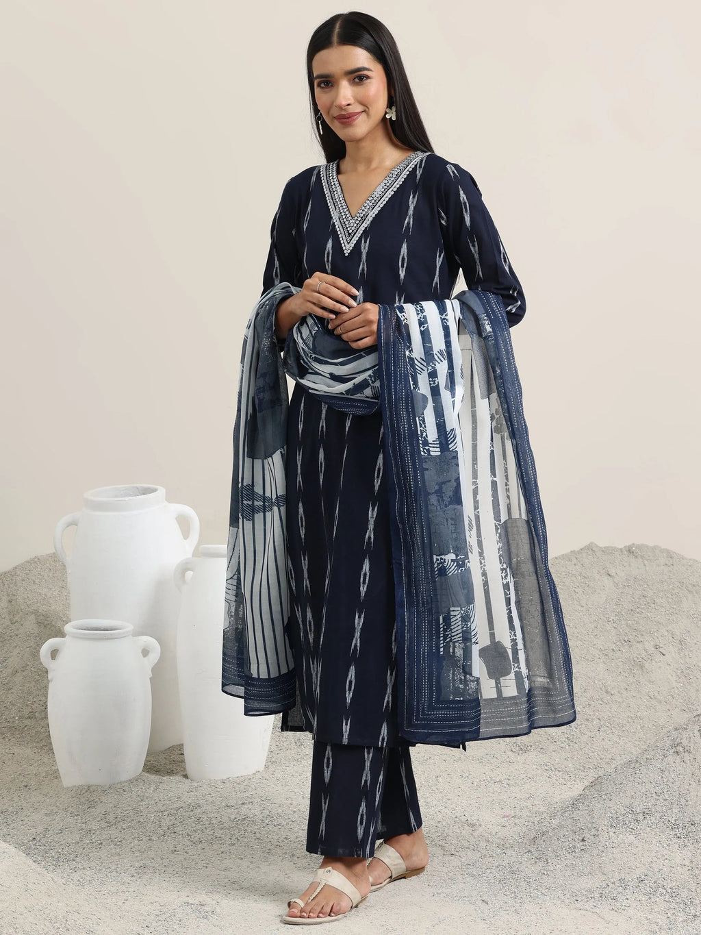 Blue Woven Design Cotton Straight Suit With Dupatta
