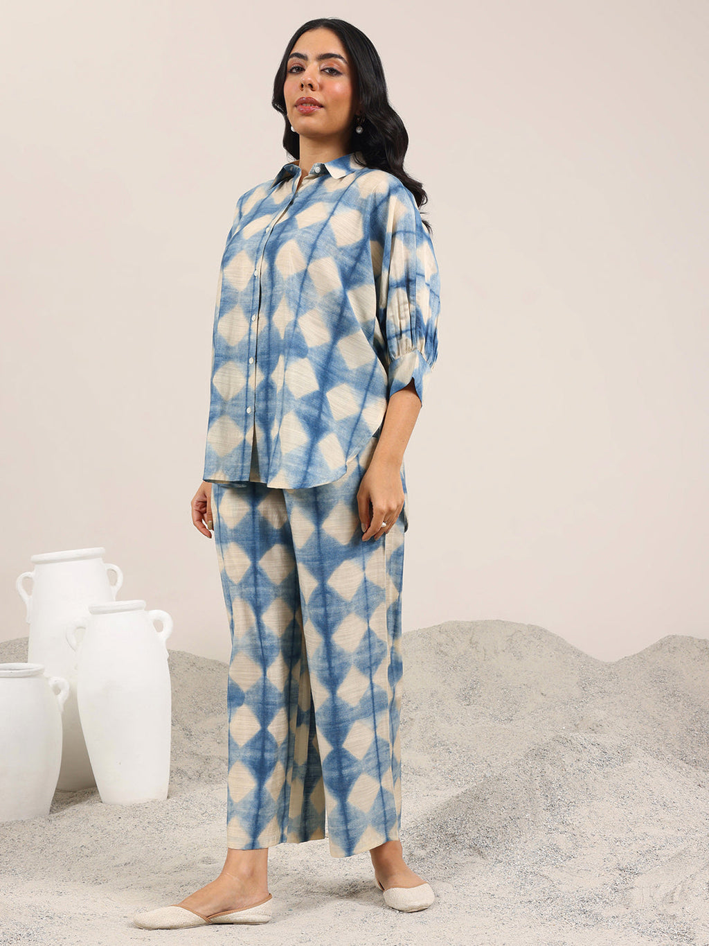 Blue Printed Silk Blend Co-Ord Sets