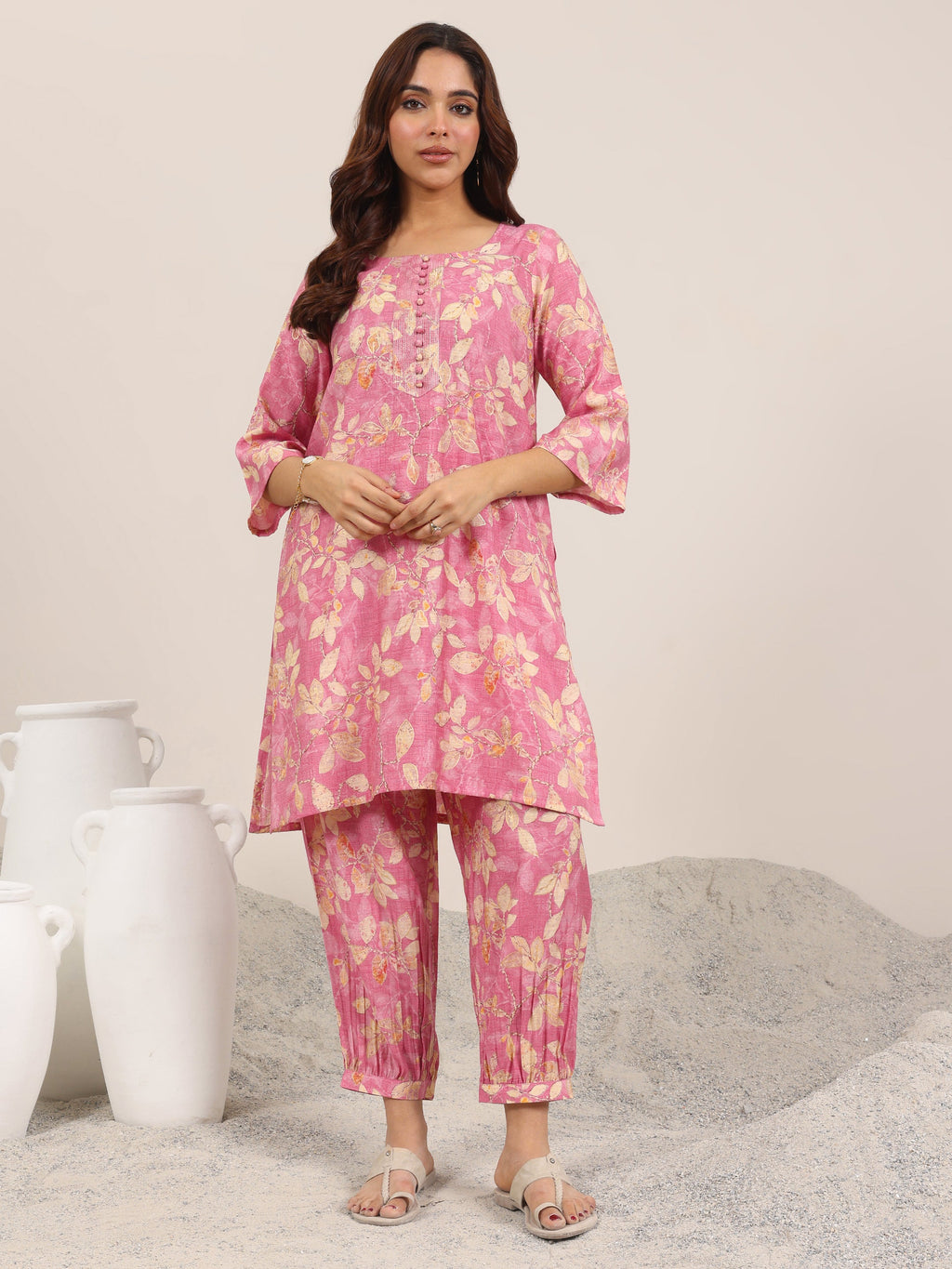 Pink Printed Silk Blend Co-Ord Sets