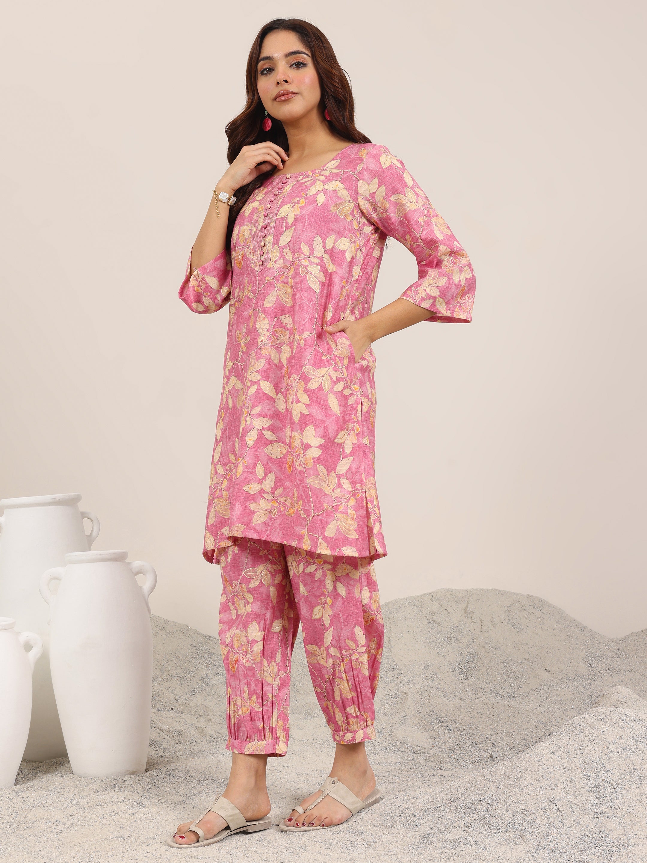 Pink Printed Silk Blend Co-Ord Sets