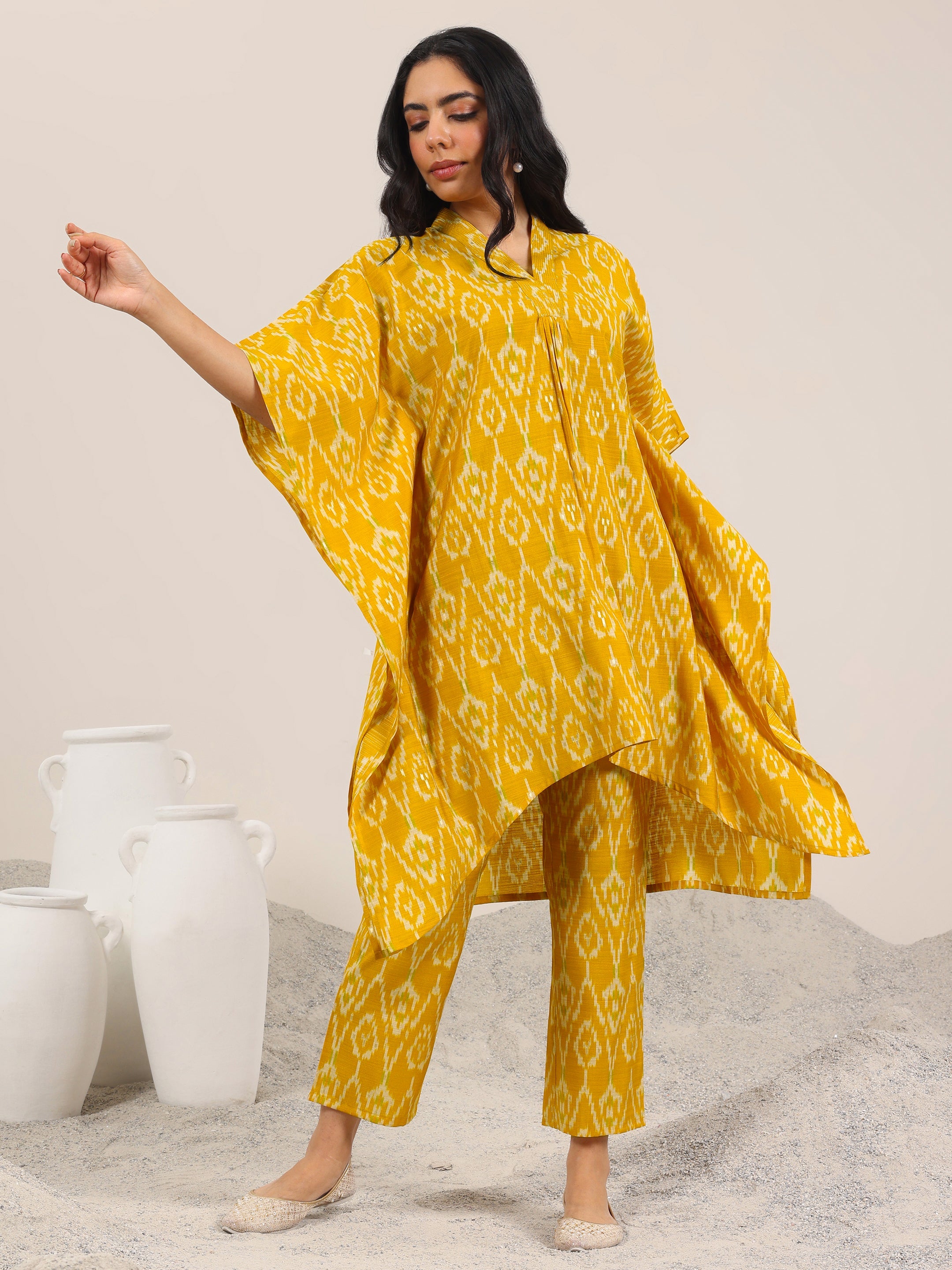 Mustard Printed Silk Blend Co-Ord Sets