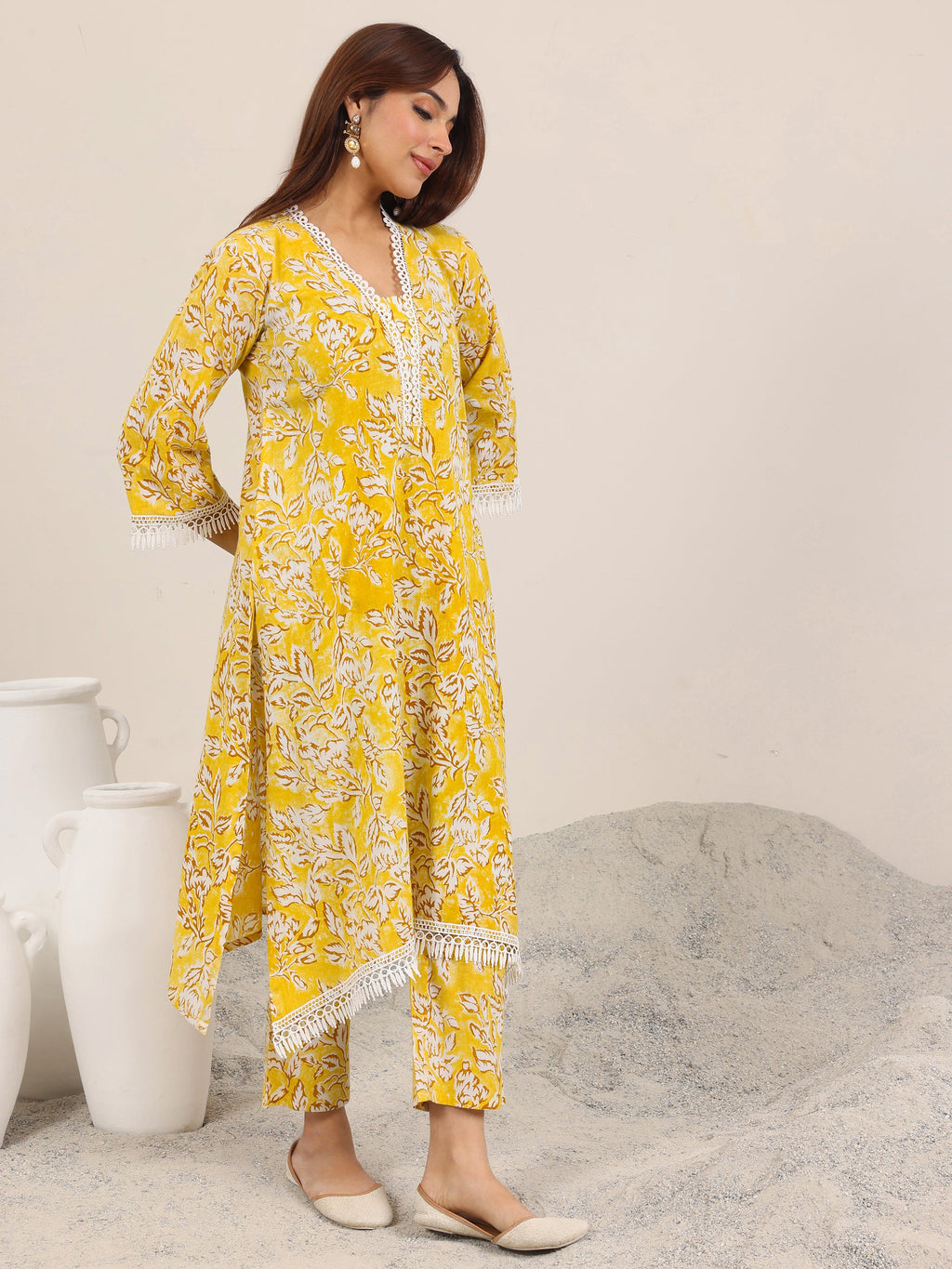 Mustard Printed Pure Cotton Straight Kurta Set