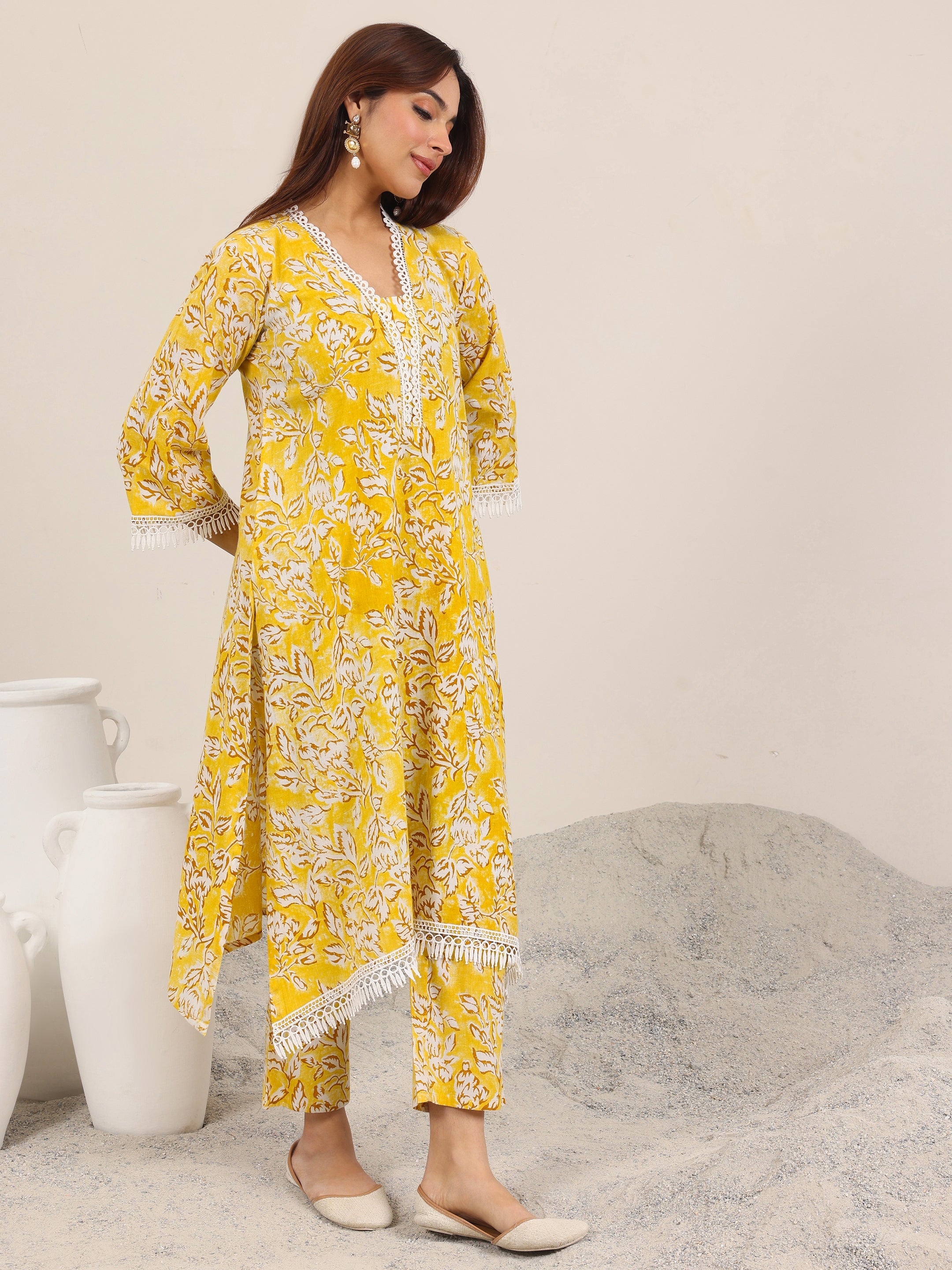 Mustard Printed Pure Cotton Straight Kurta Set