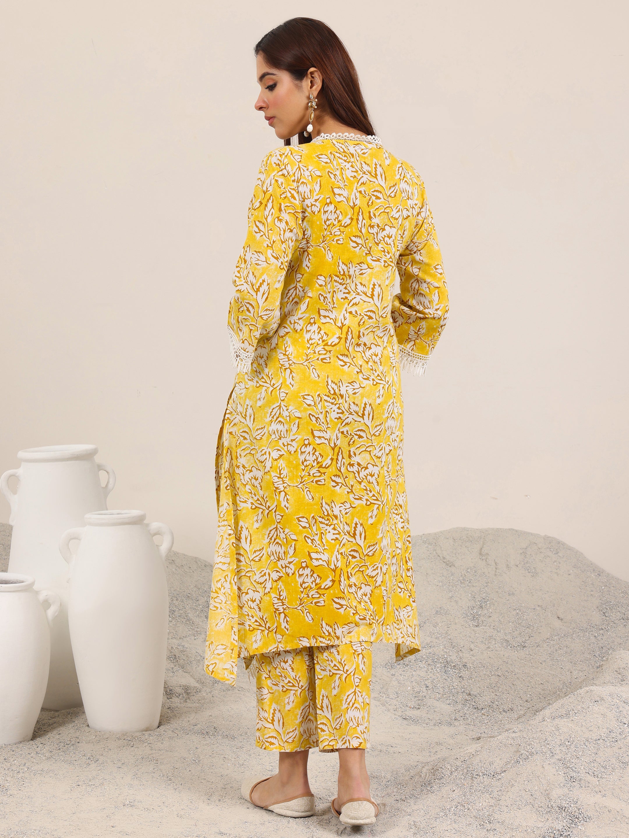 Mustard Printed Pure Cotton Straight Kurta Set