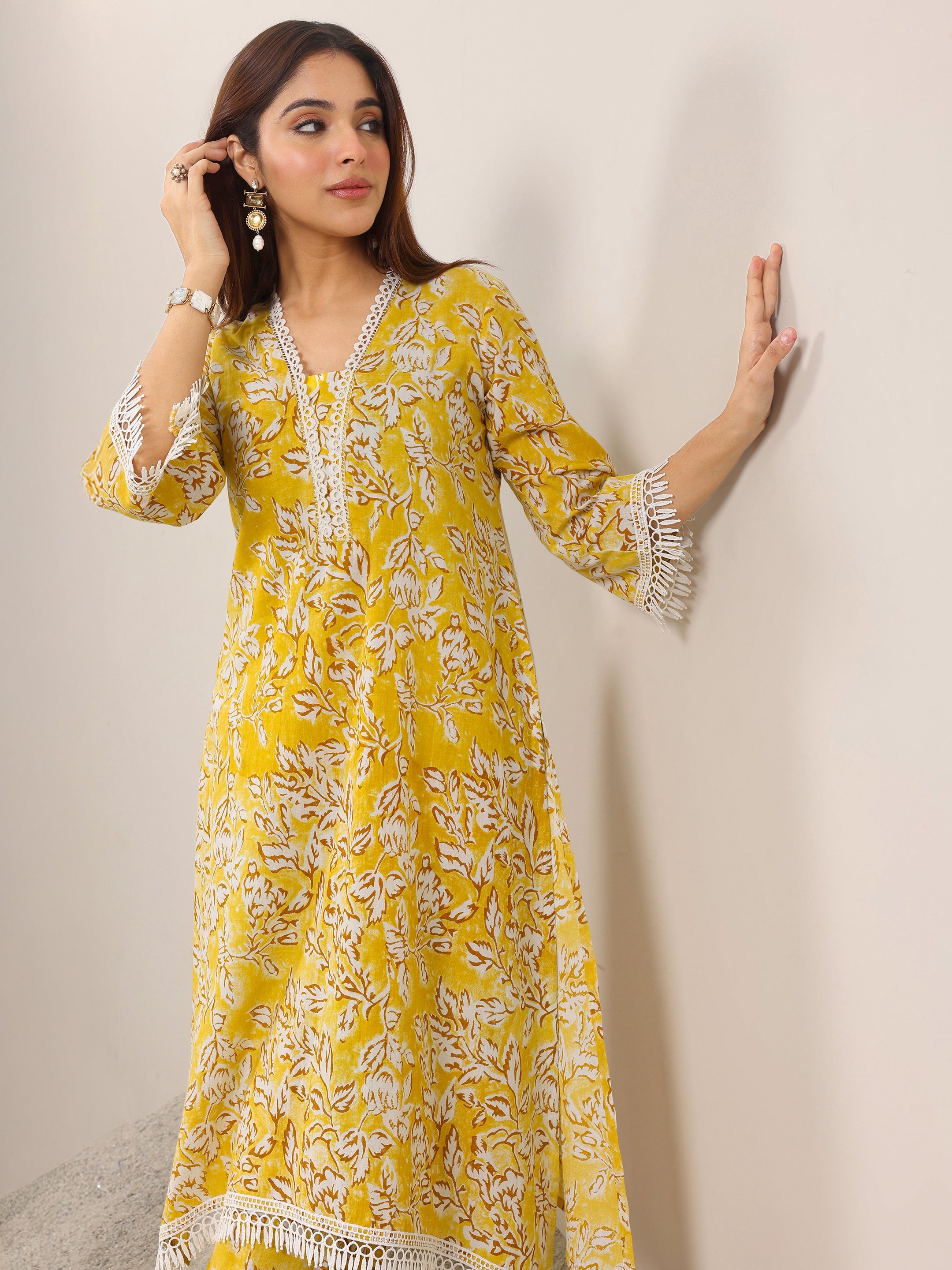 Mustard Printed Pure Cotton Straight Kurta Set