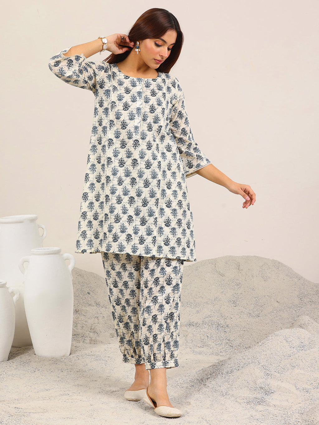 Off White Printed Pure Cotton Co-Ord Sets