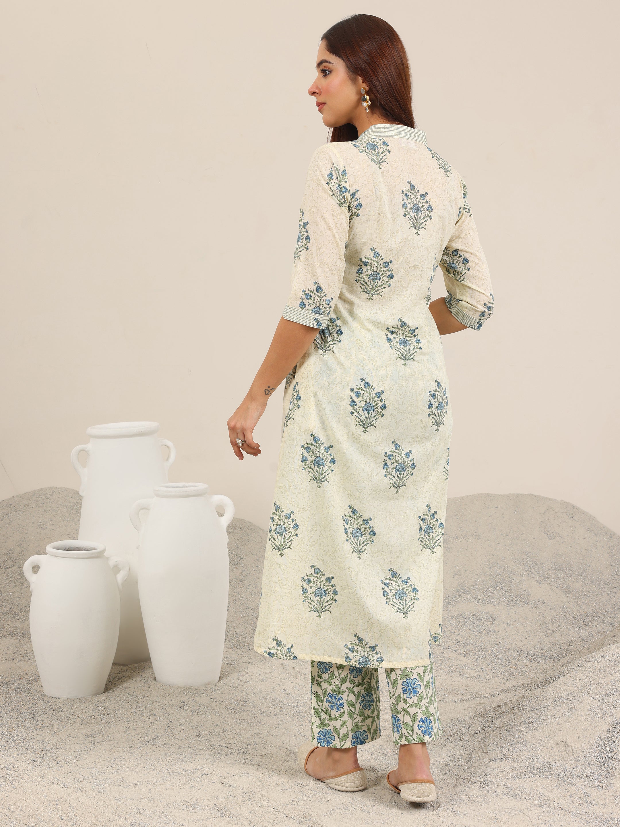 Off White Printed Pure Cotton A-Line Kurta Set